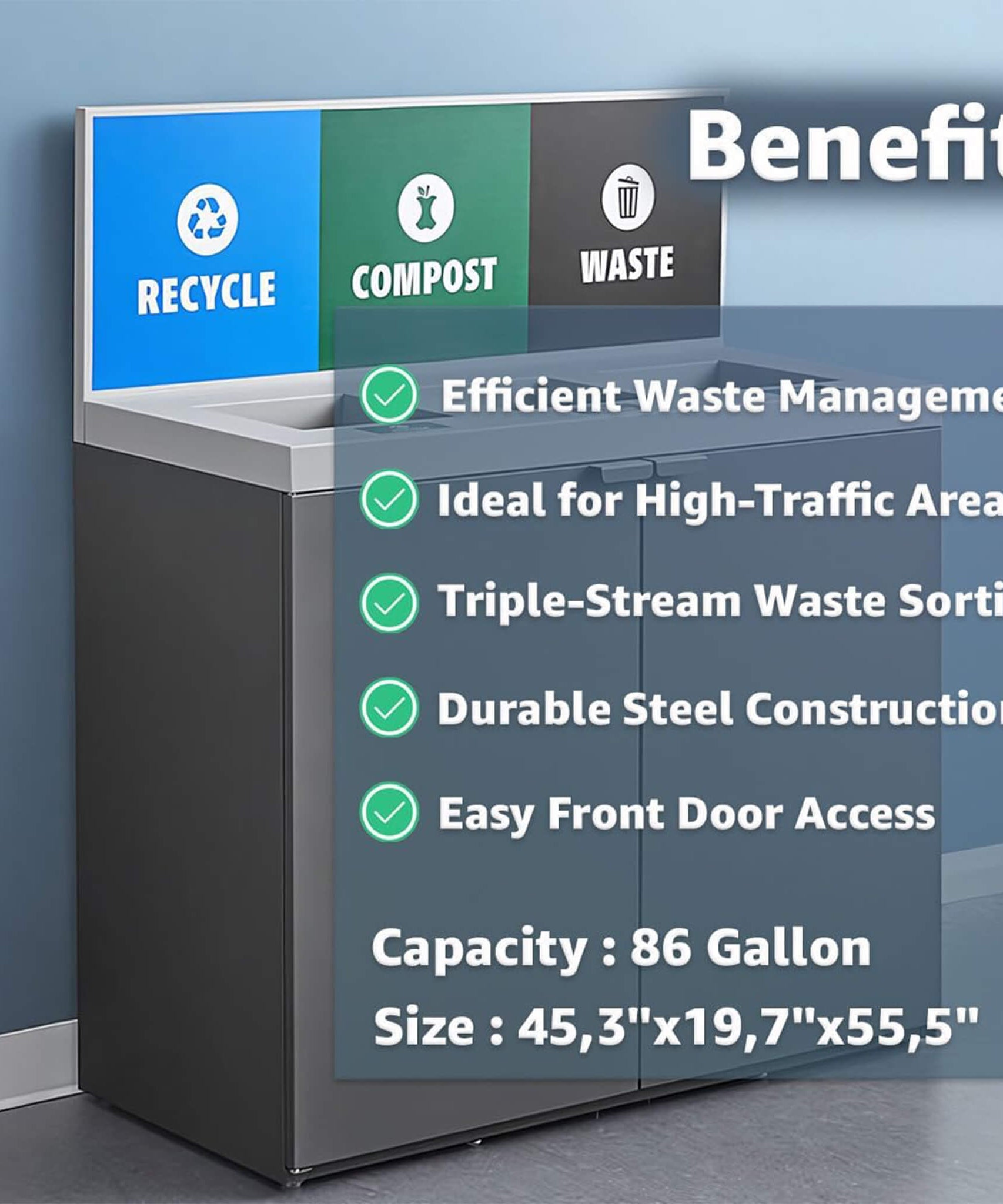 86-Gallon Heavy-Duty Commercial Steel Three-Stream Trash Can Cabinet With Panel (SAK96241)
