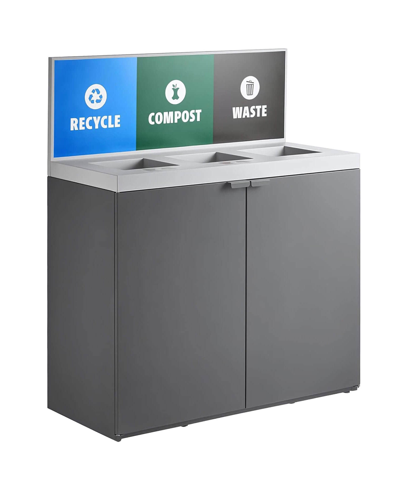 86-Gallon Heavy-Duty Commercial Steel Three-Stream Trash Can Cabinet With Panel (SAK96241)