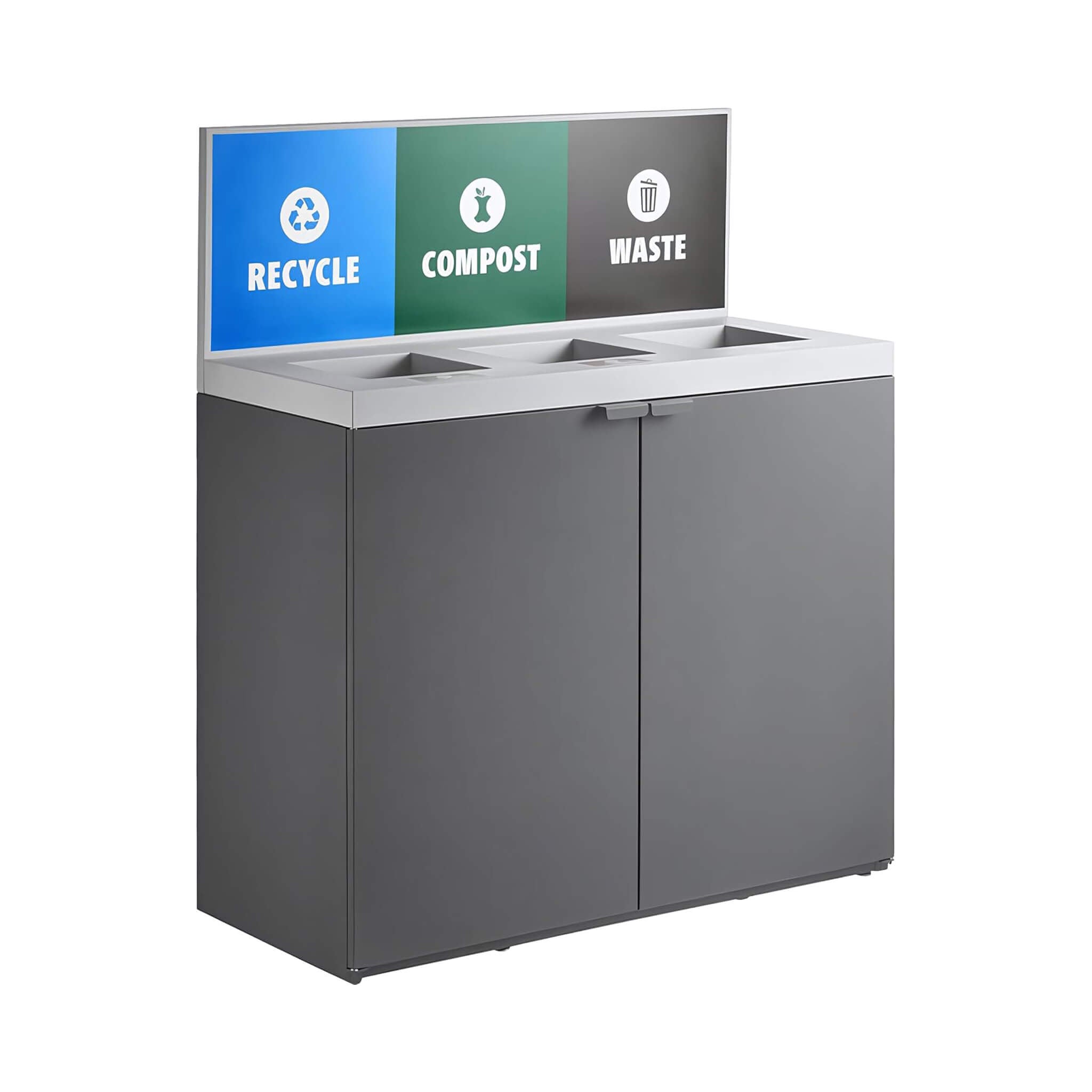 86-Gallon Heavy-Duty Commercial Steel Three-Stream Trash Can Cabinet With Panel (SAK96241)