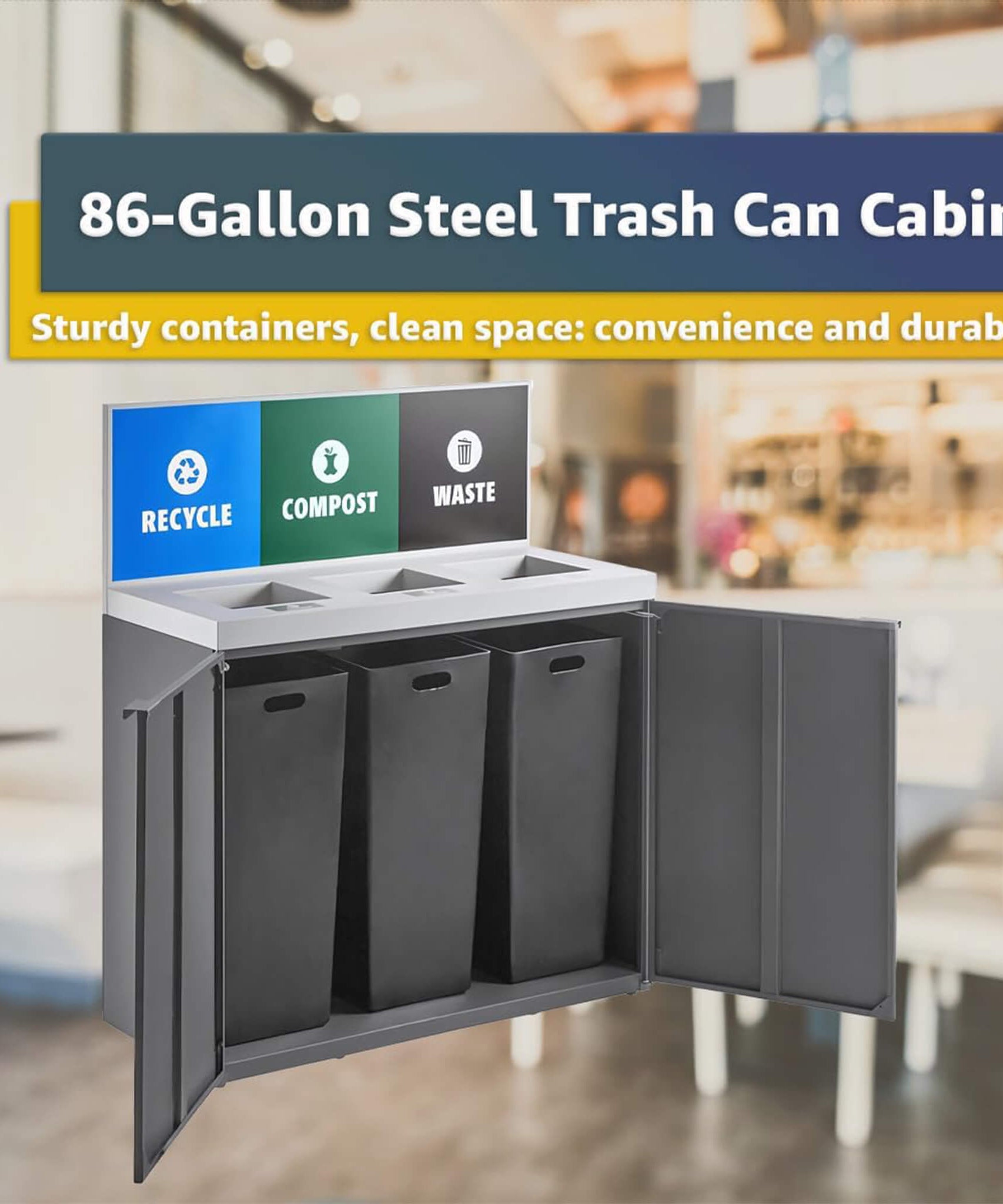 86-Gallon Heavy-Duty Commercial Steel Three-Stream Trash Can Cabinet With Panel (SAK96241)