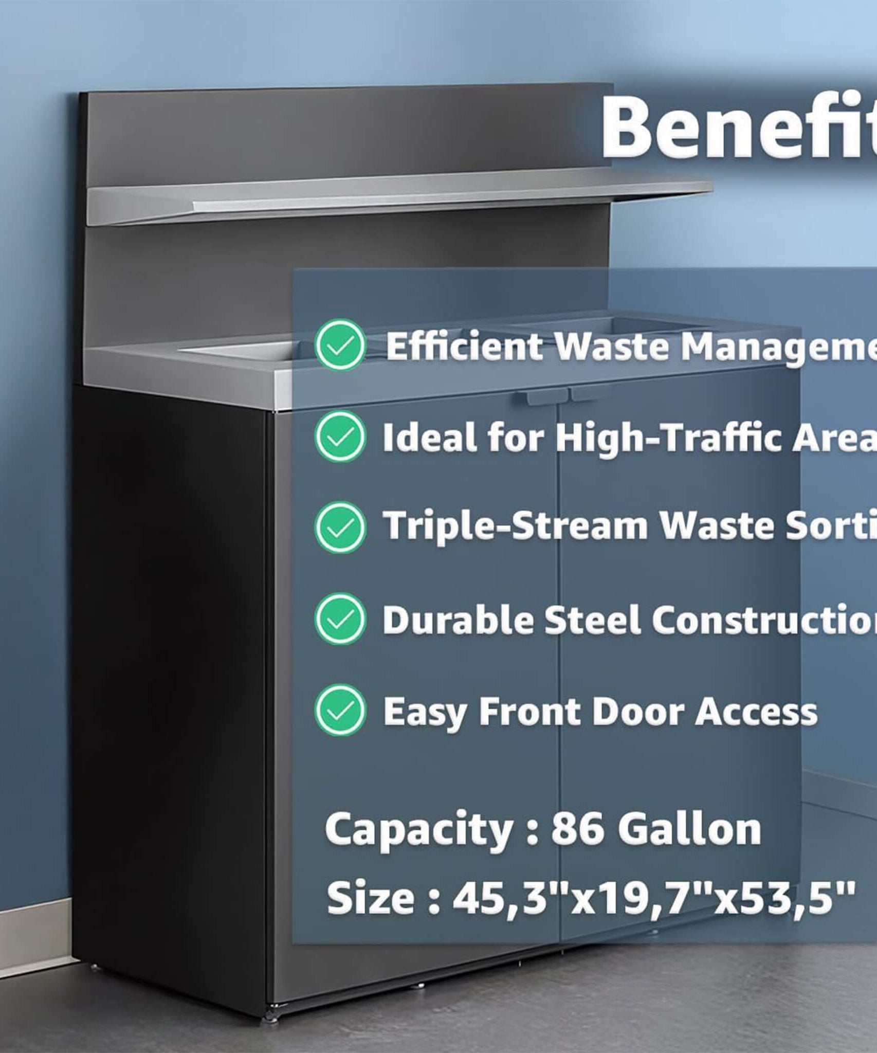 86-Gallon Heavy-Duty Commercial Steel Three-Stream Trash Can Cabinet With Tray Holder (SAK31860)