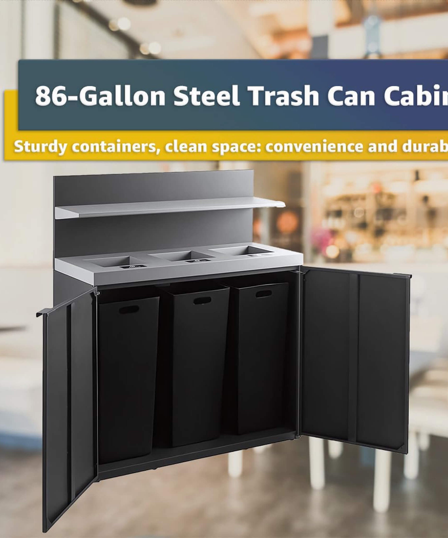 86-Gallon Heavy-Duty Commercial Steel Three-Stream Trash Can Cabinet With Tray Holder (SAK31860)