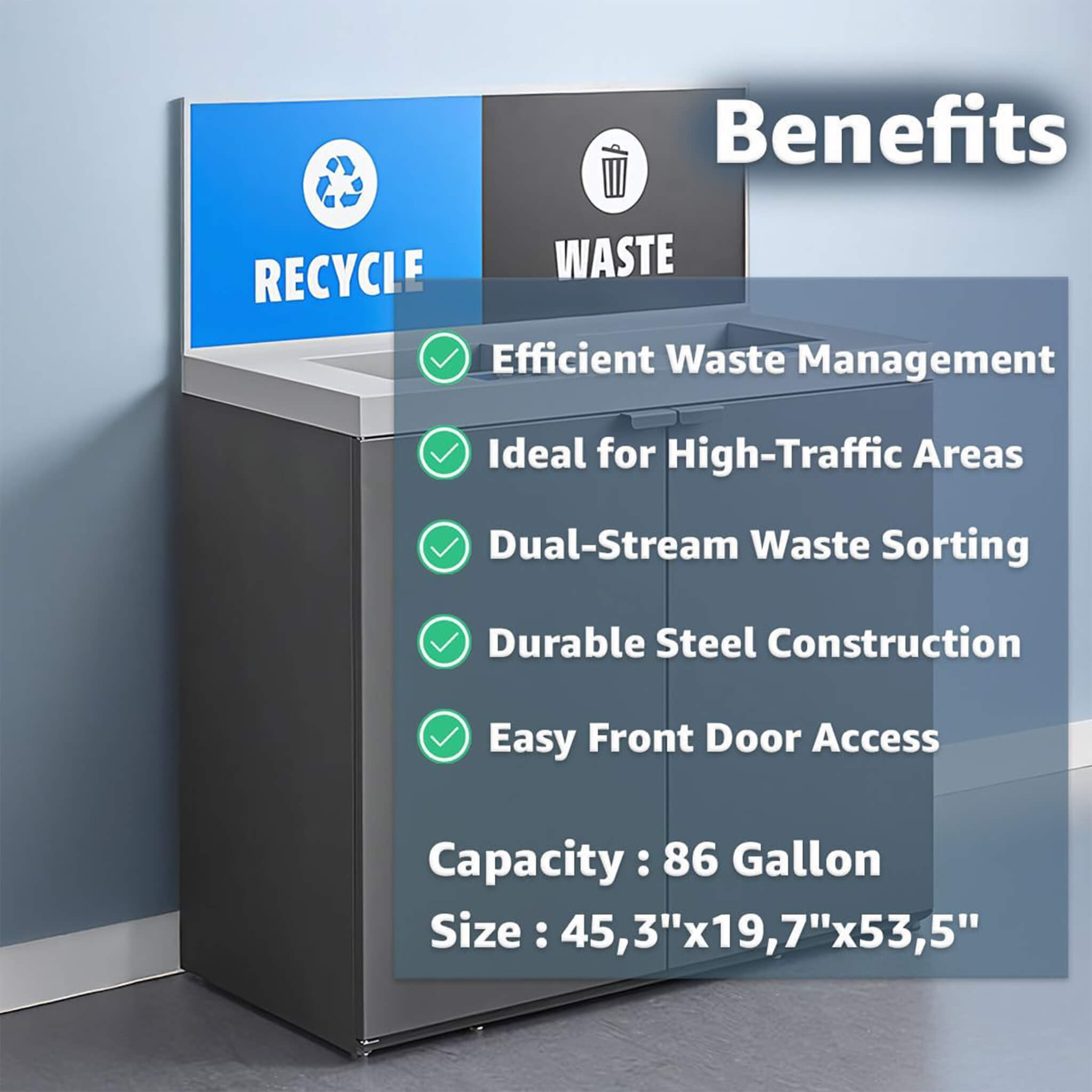 86-Gallon Heavy-Duty Commercial Steel Two-Stream Trash Can Cabinet With Panel (SAK73108)