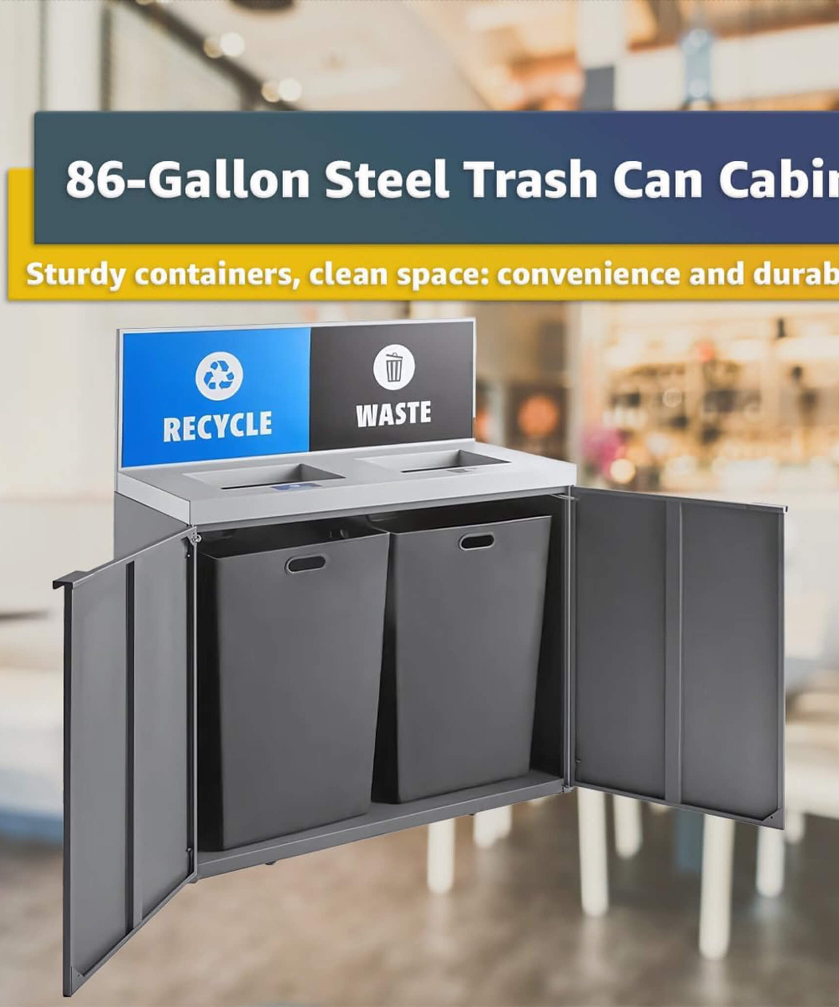 86-Gallon Heavy-Duty Commercial Steel Two-Stream Trash Can Cabinet With Panel (SAK73108)