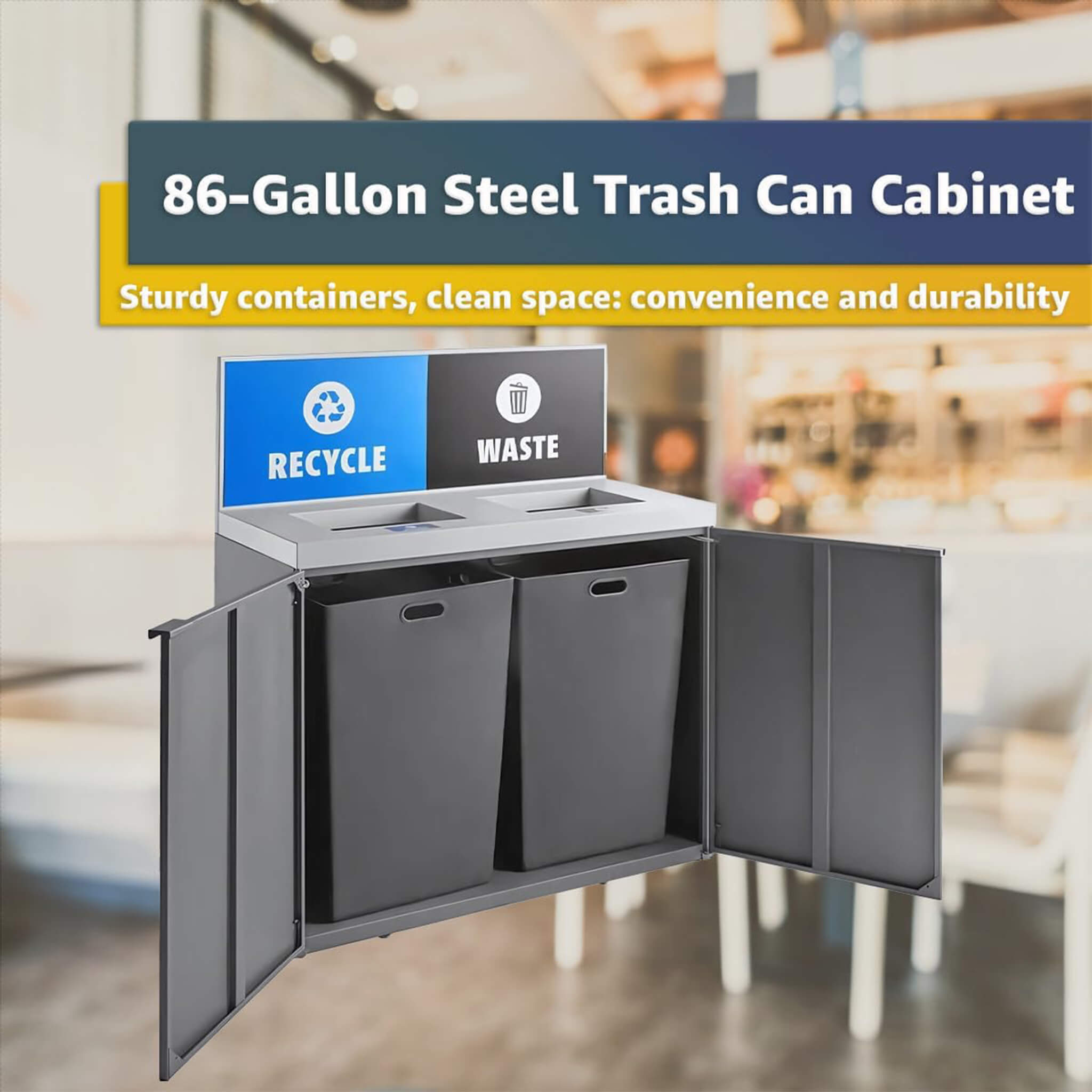 86-Gallon Heavy-Duty Commercial Steel Two-Stream Trash Can Cabinet With Panel (SAK73108)