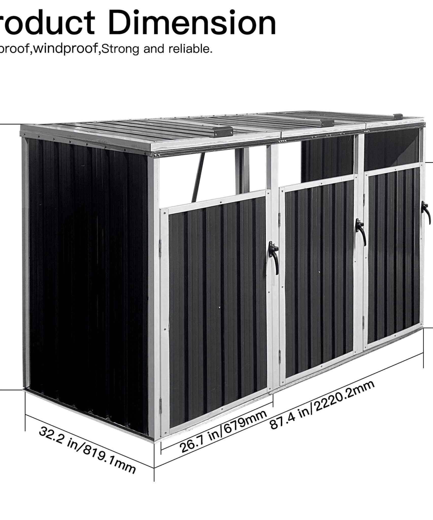 87-Inch Extra Large Heavy-Duty Outdoor Metal Garbage Bin Shed For 3 Trash Cans (SAK34981)