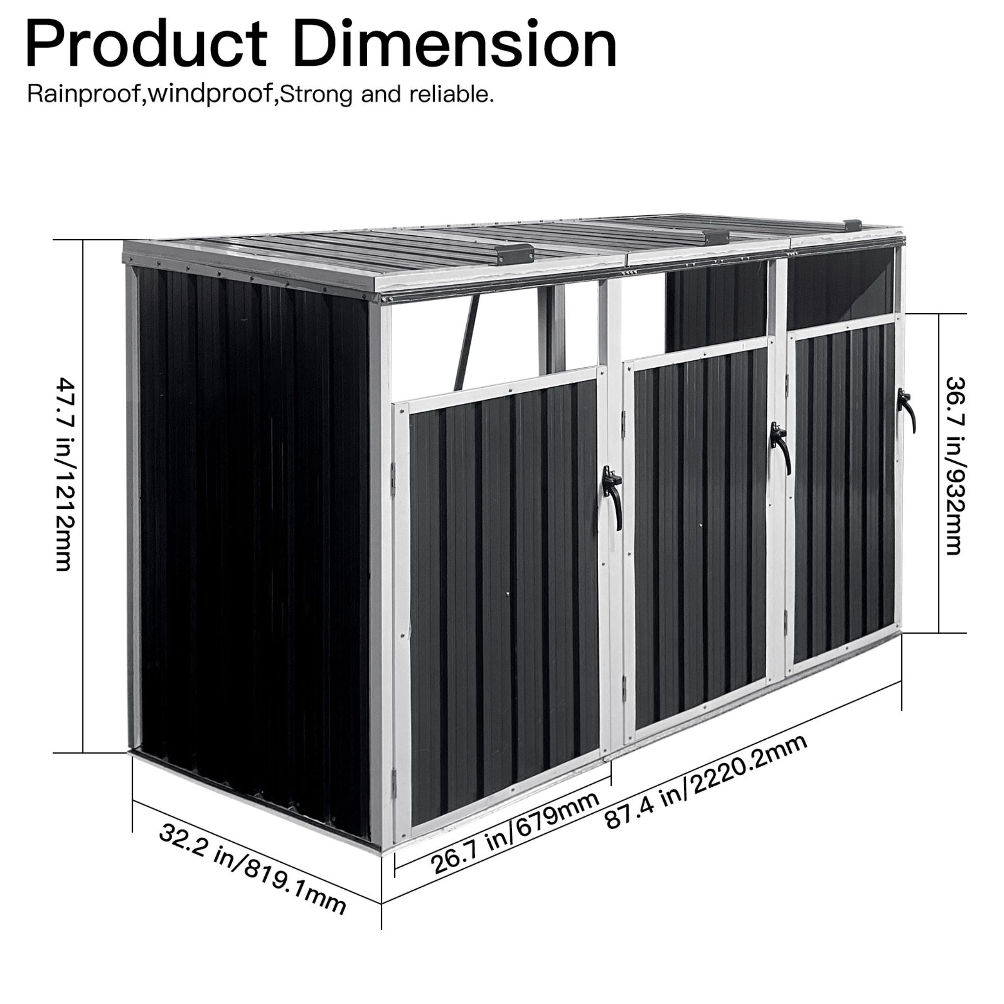 87-Inch Extra Large Heavy-Duty Outdoor Metal Garbage Bin Shed For 3 Trash Cans (SAK34981)