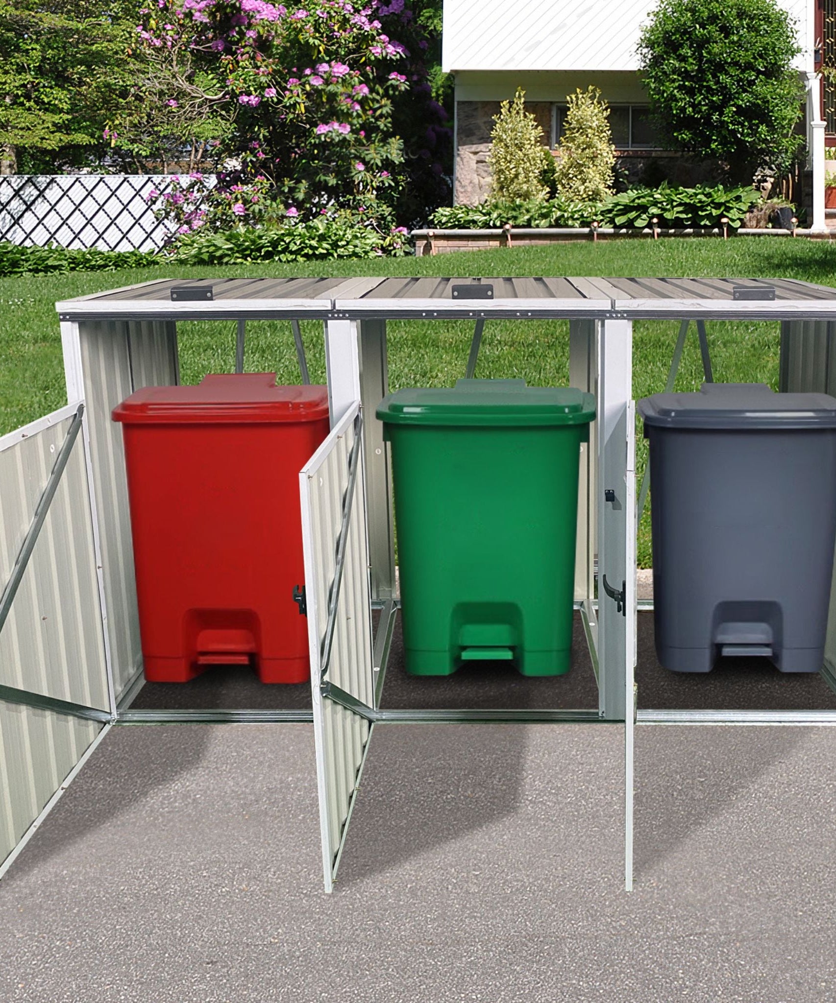 87-Inch Extra Large Heavy-Duty Outdoor Metal Garbage Bin Shed For 3 Trash Cans (SAK34981)
