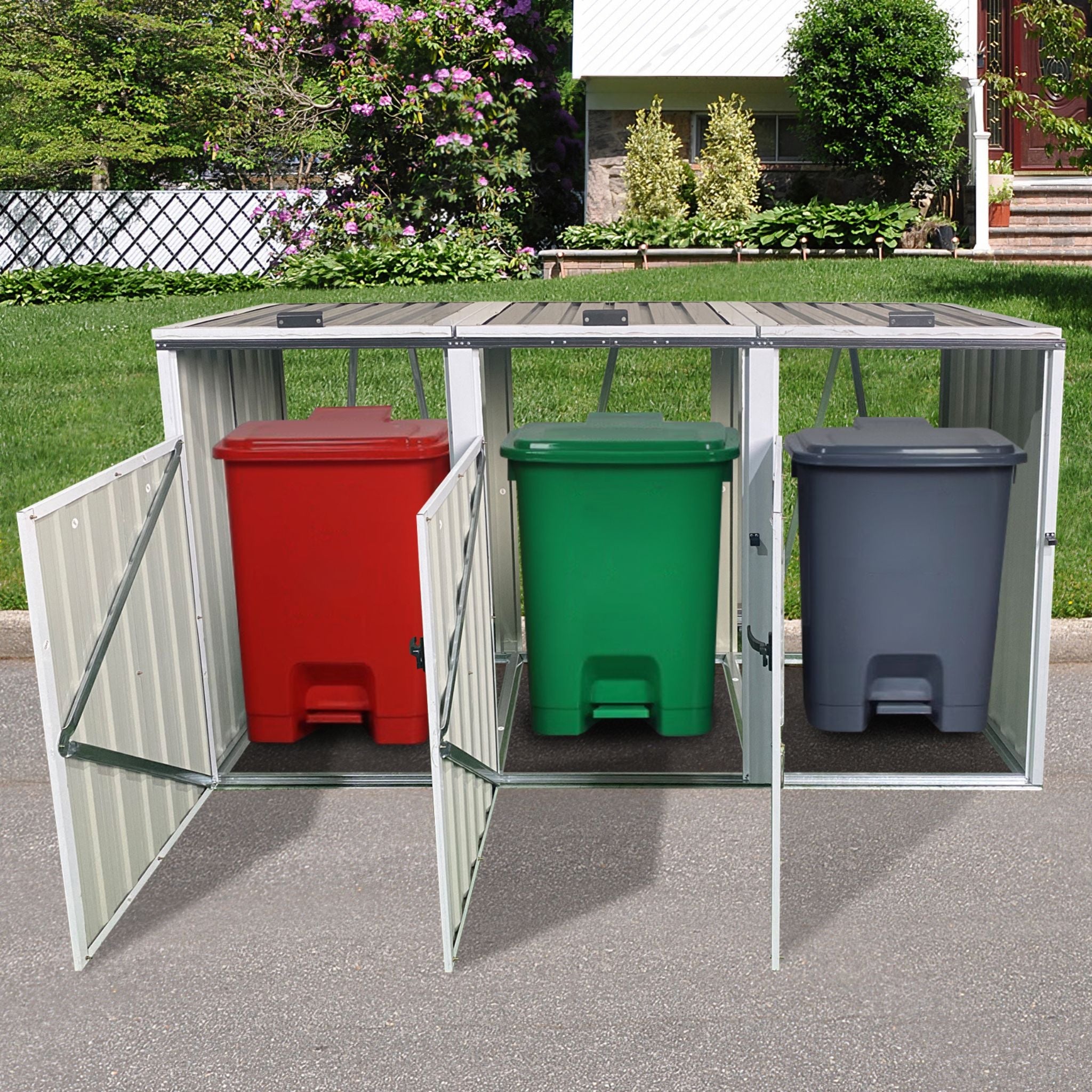 87-Inch Extra Large Heavy-Duty Outdoor Metal Garbage Bin Shed For 3 Trash Cans (SAK34981)
