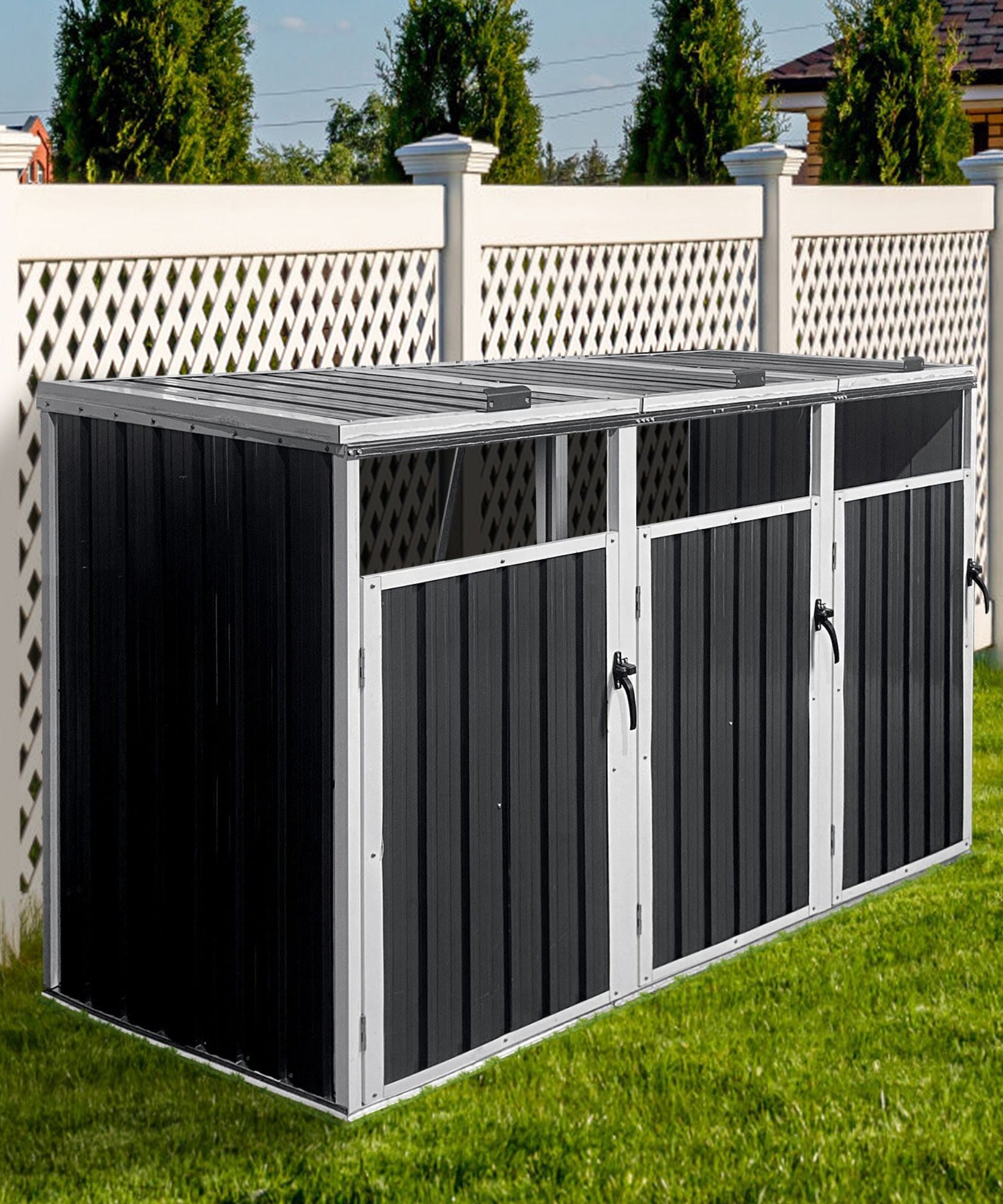 87-Inch Extra Large Heavy-Duty Outdoor Metal Garbage Bin Shed For 3 Trash Cans (SAK34981)