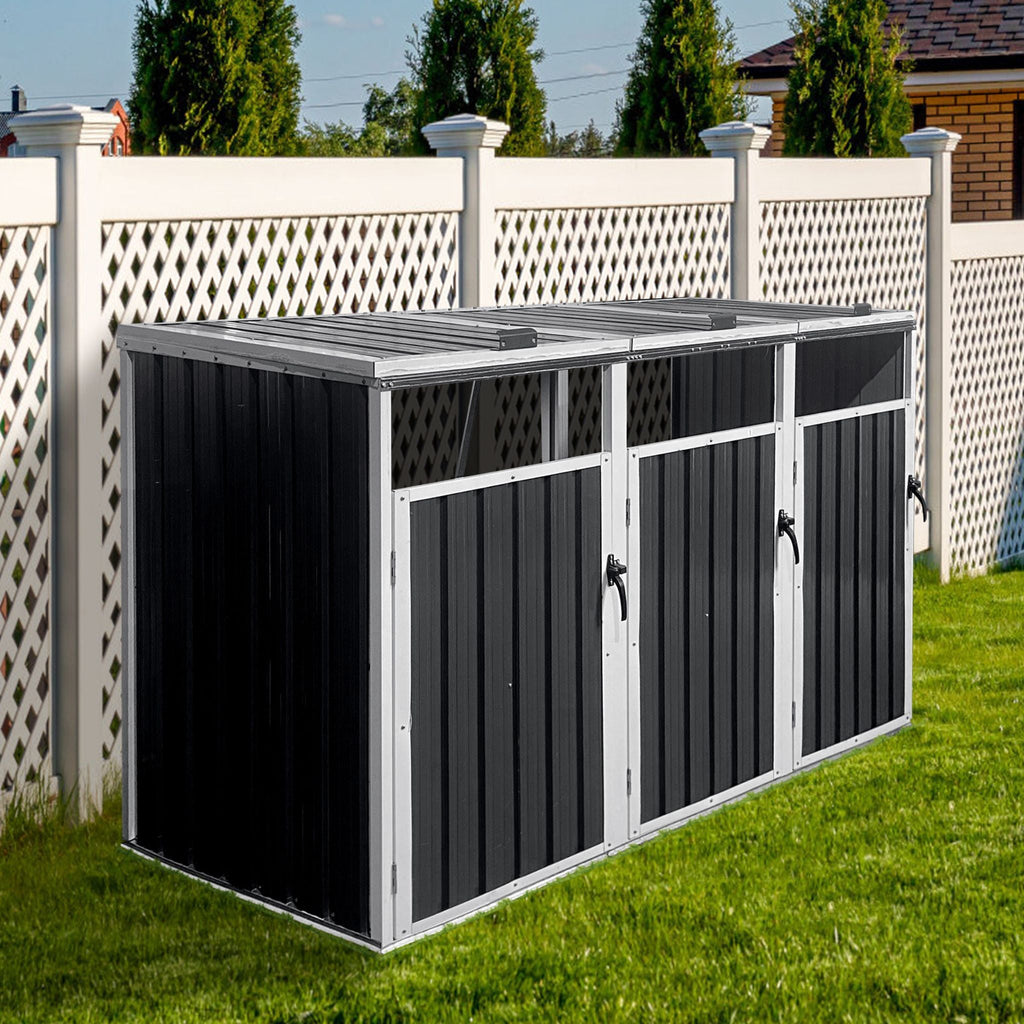 87-Inch Extra Large Heavy-Duty Outdoor Metal Garbage Bin Shed For 3 Trash Cans (SAK34981)