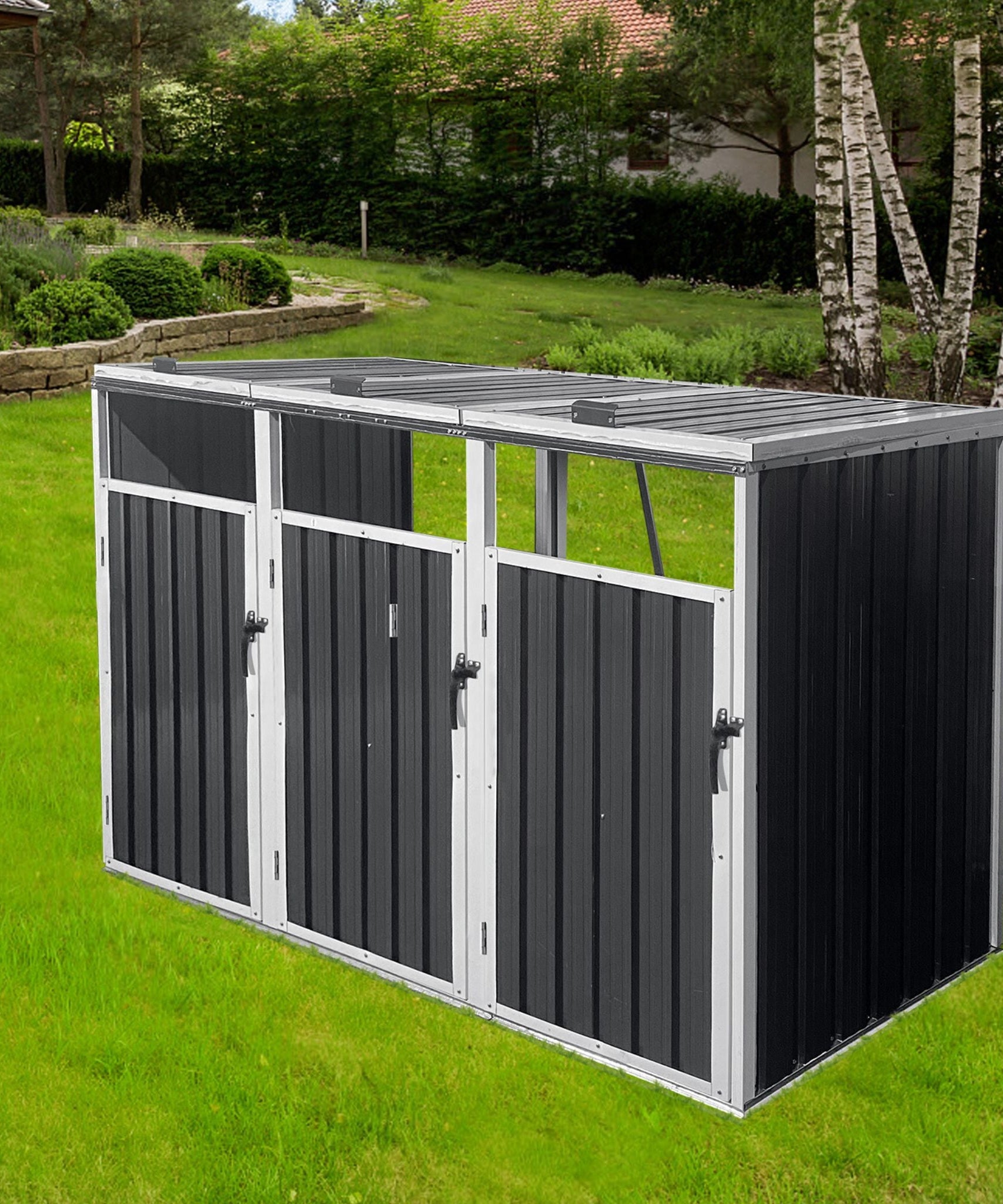 87-Inch Extra Large Heavy-Duty Outdoor Metal Garbage Bin Shed For 3 Trash Cans (SAK34981)