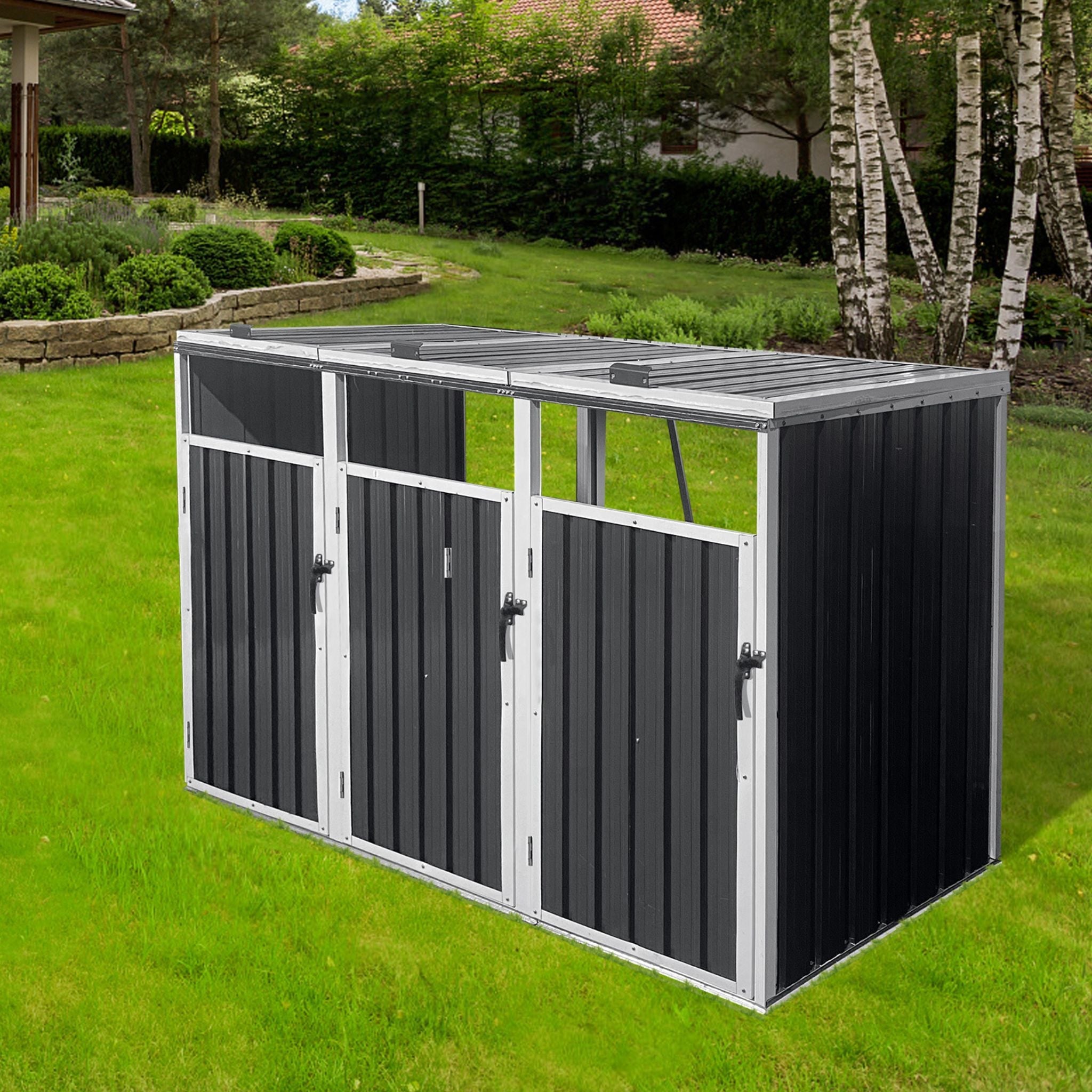 87-Inch Extra Large Heavy-Duty Outdoor Metal Garbage Bin Shed For 3 Trash Cans (SAK34981)