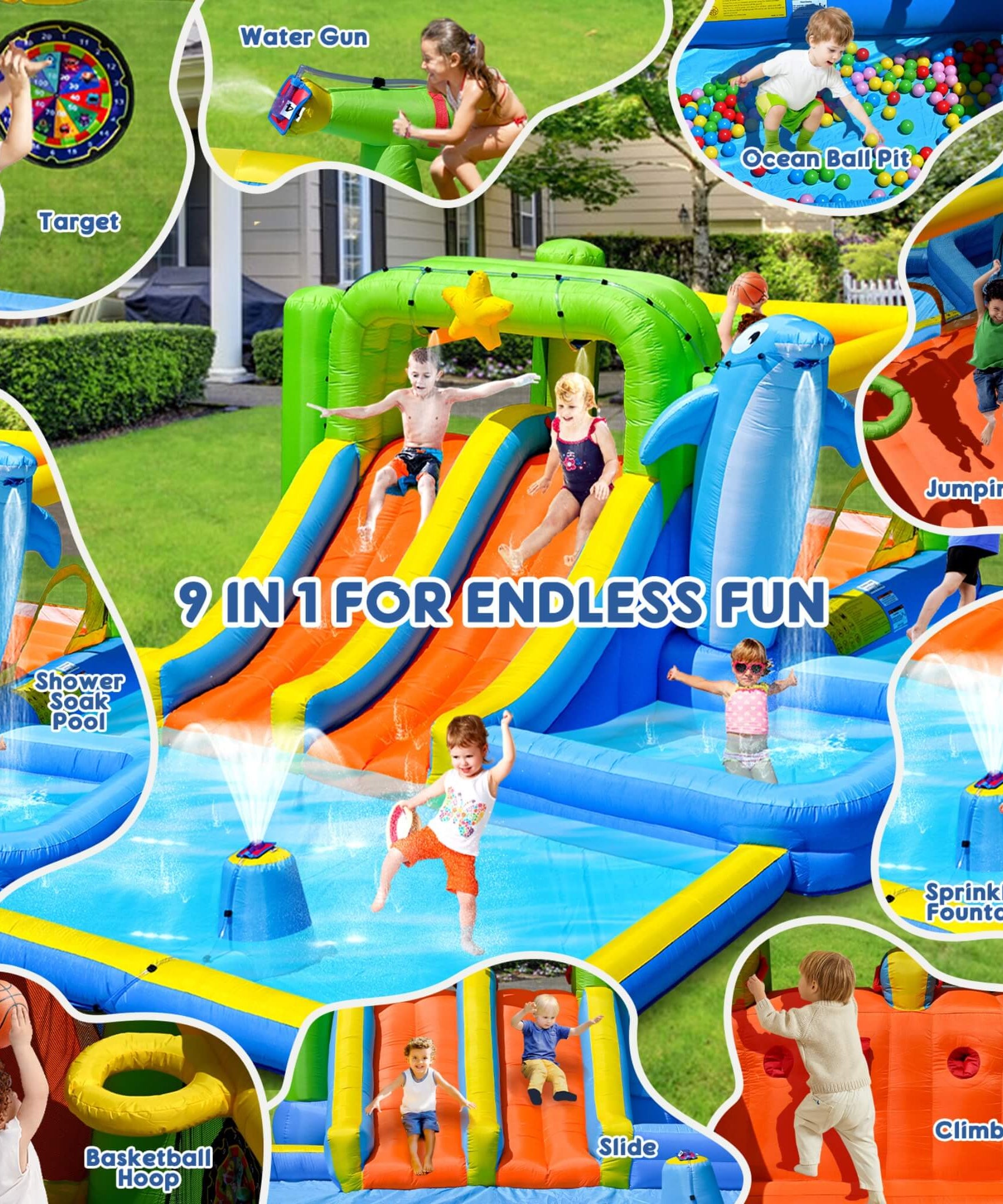 9-In-1 Inflatable Bounce House With Pool, Sprinkler, And Water Gun (SAK98154)