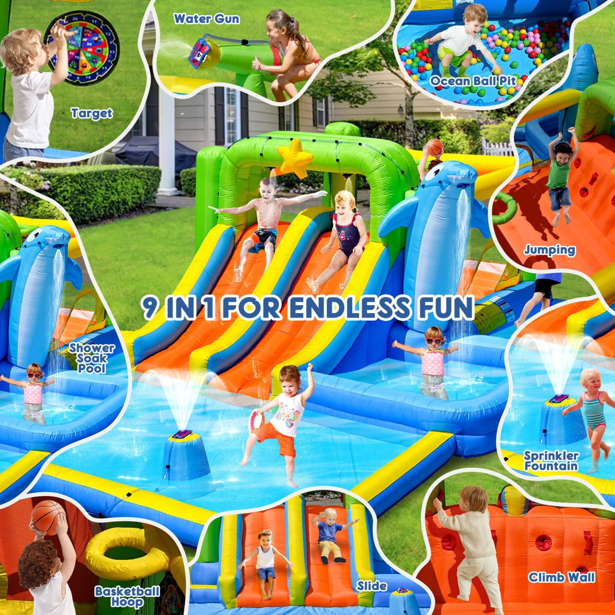 9-In-1 Inflatable Bounce House With Pool, Sprinkler, And Water Gun (SAK98154)