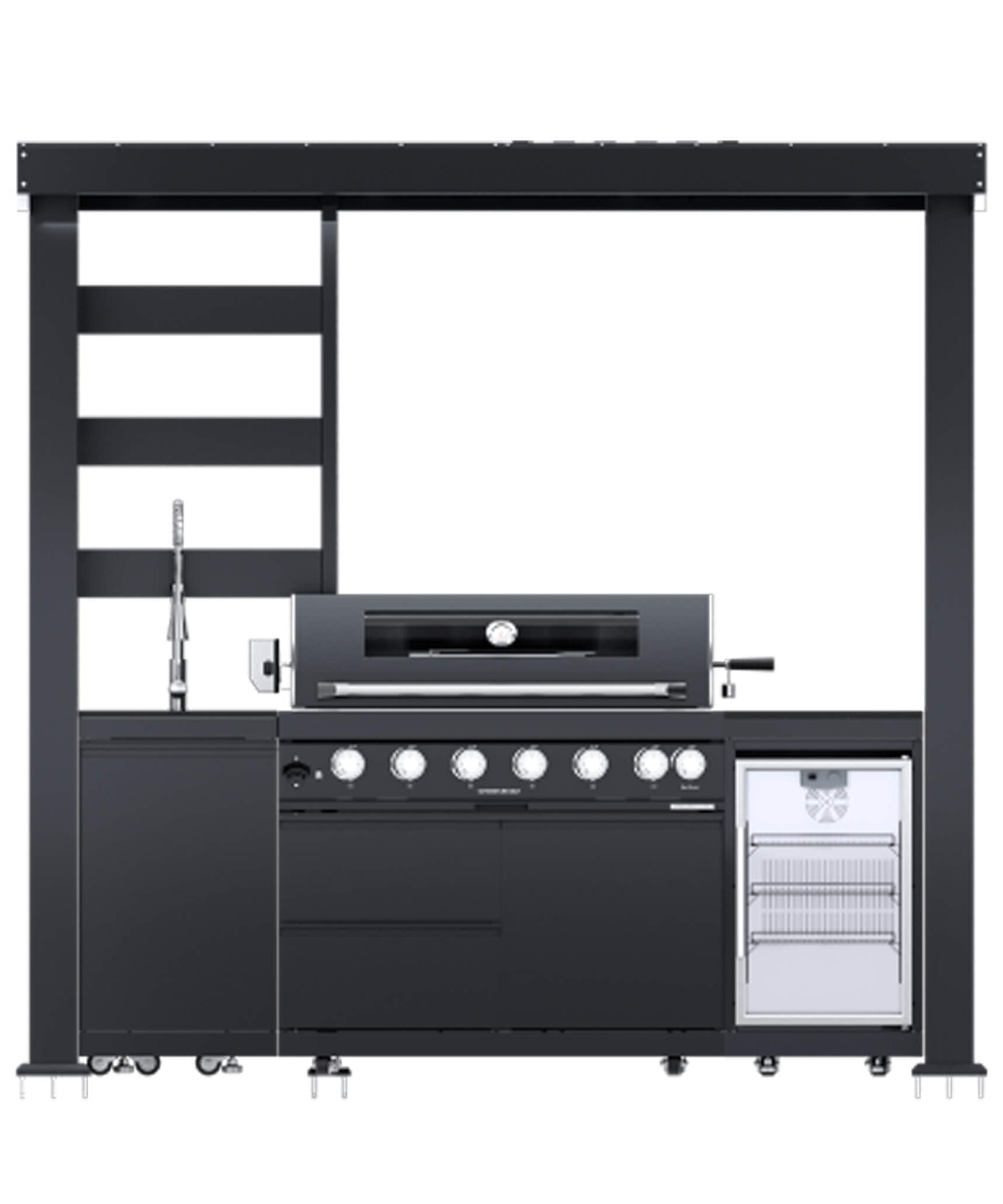 Castelle Flame Astoria 94-Inch 6-Burner 85K BTU Outdoor Kitchen Grill Island With Wine Cooler, Rotisserie, Cabinets, And Granite Countertops (SAK68014)