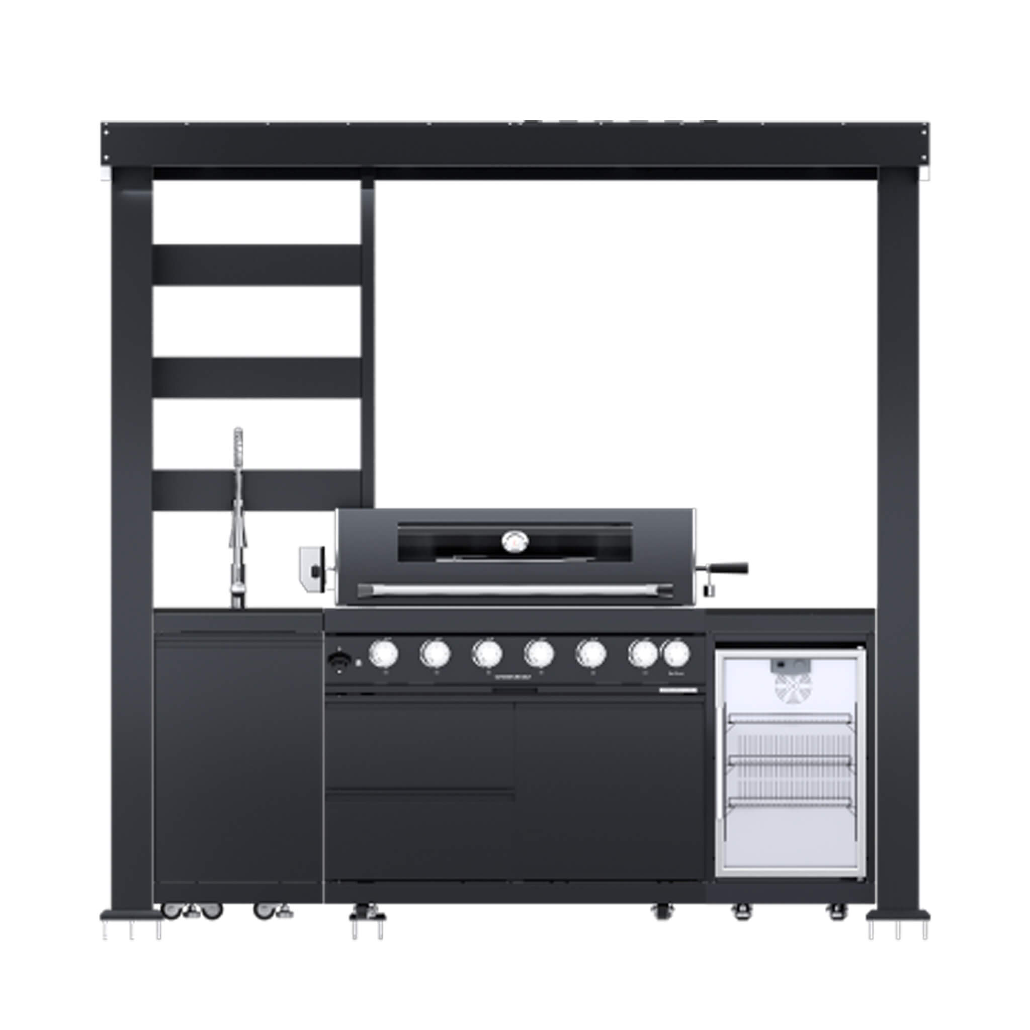 Castelle Flame Astoria 94-Inch 6-Burner 85K BTU Outdoor Kitchen Grill Island With Wine Cooler, Rotisserie, Cabinets, And Granite Countertops (SAK68014)
