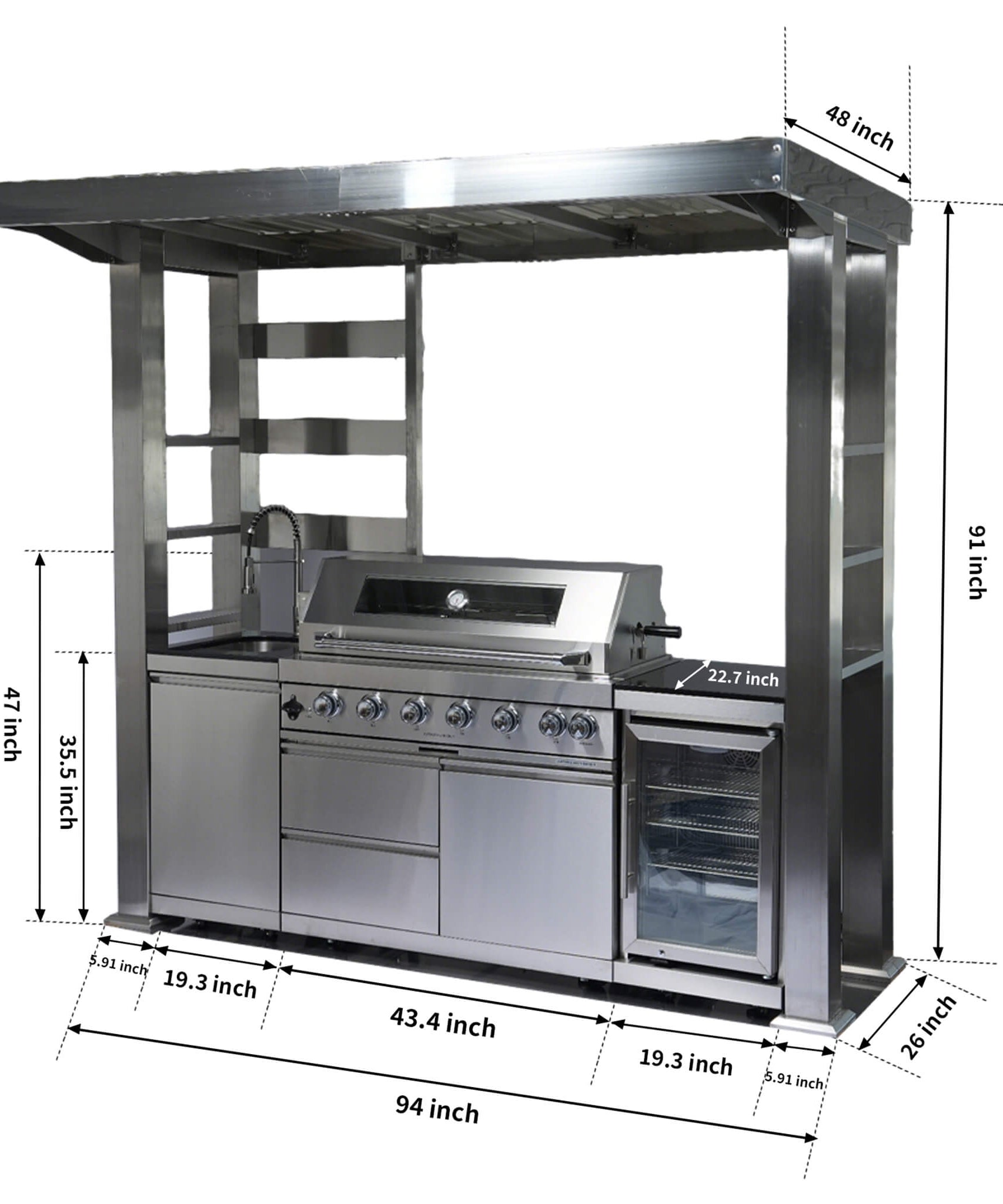 Castelle Flame Astoria 94-Inch 6-Burner 85K BTU Outdoor Kitchen Grill Island With Wine Cooler, Rotisserie, Cabinets, And Granite Countertops (SAK68014)