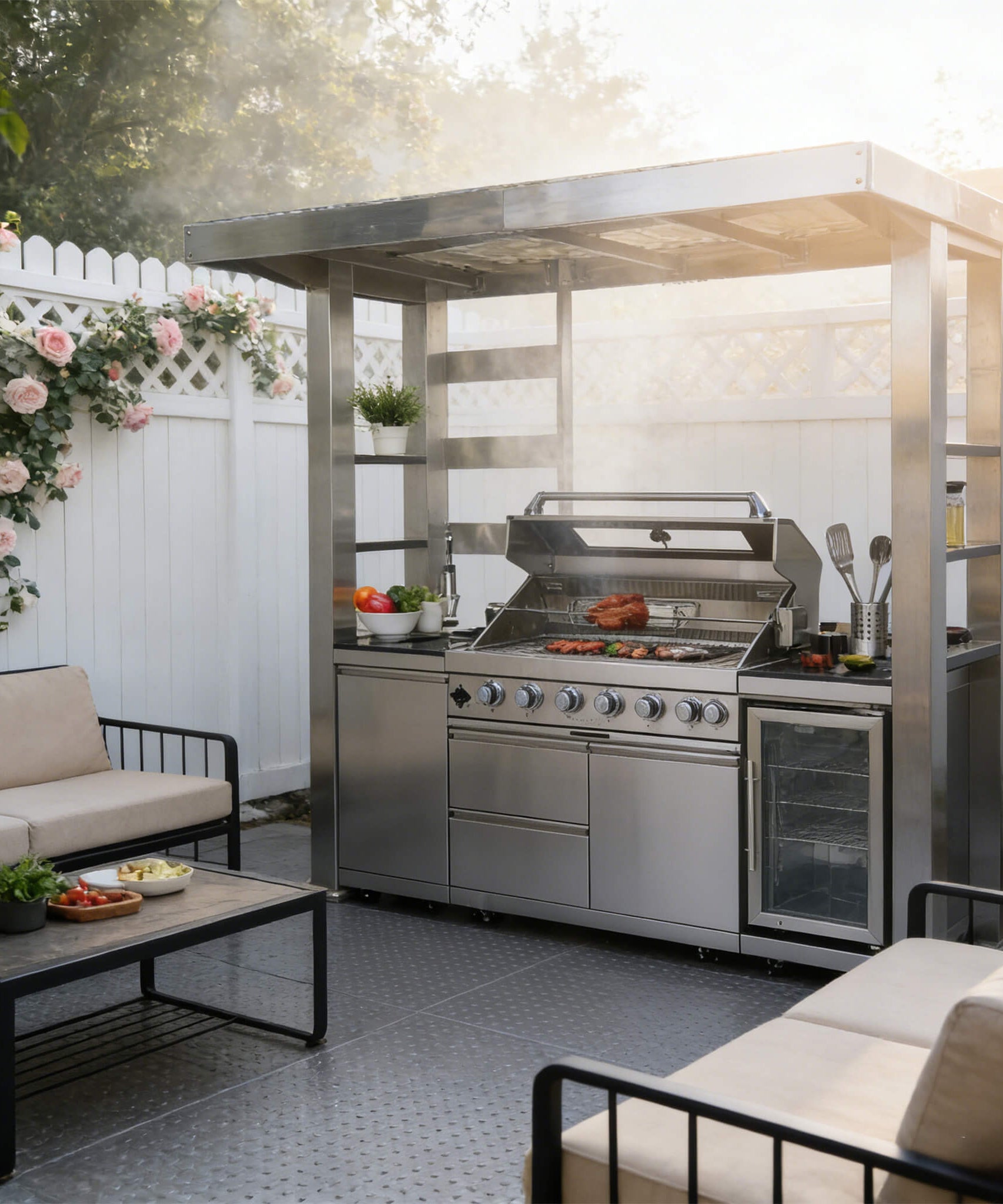 Castelle Flame Astoria 94-Inch 6-Burner 85K BTU Outdoor Kitchen Grill Island With Wine Cooler, Rotisserie, Cabinets, And Granite Countertops (SAK68014)