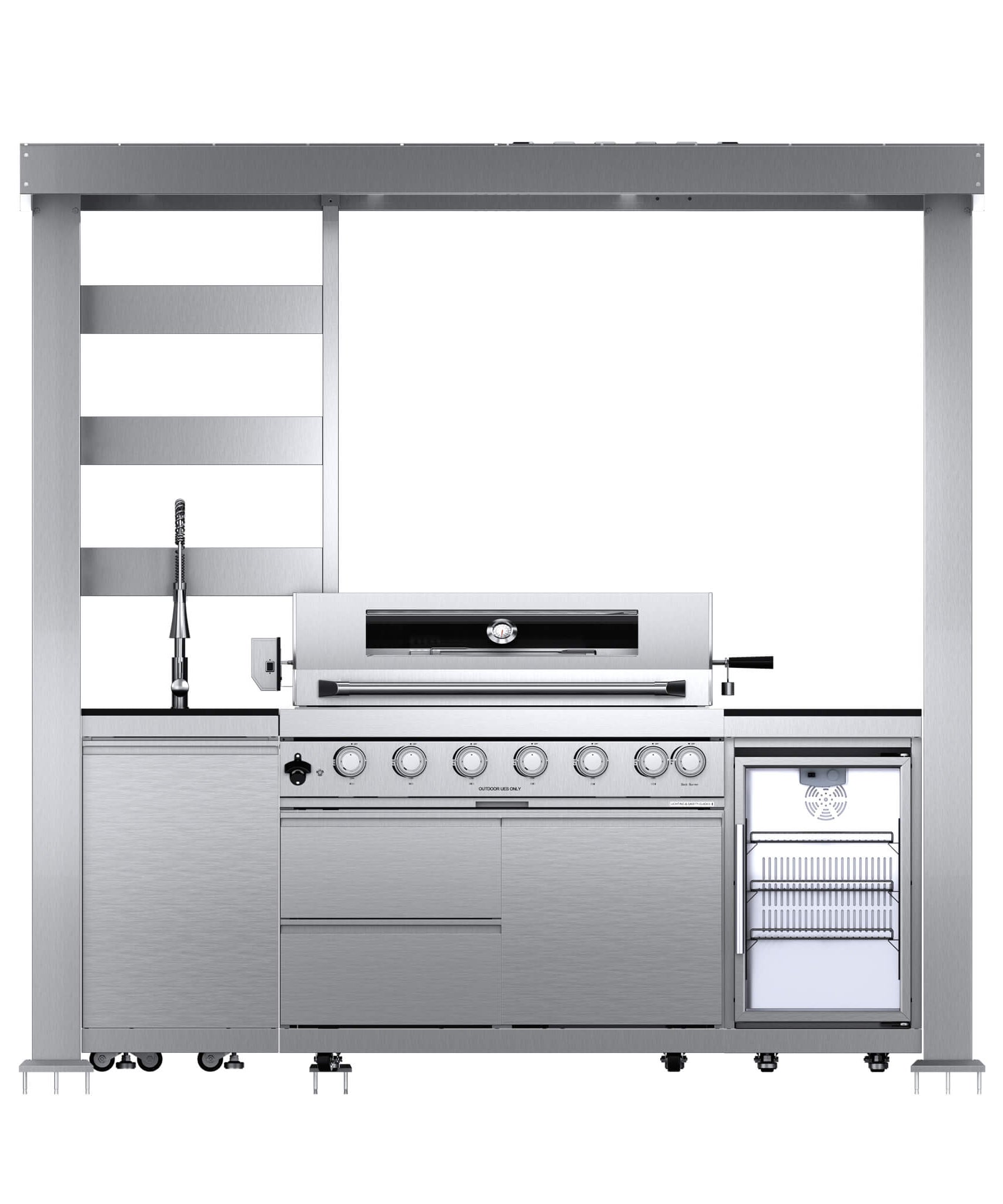 Castelle Flame Astoria 94-Inch 6-Burner 85K BTU Outdoor Kitchen Grill Island With Wine Cooler, Rotisserie, Cabinets, And Granite Countertops (SAK68014)