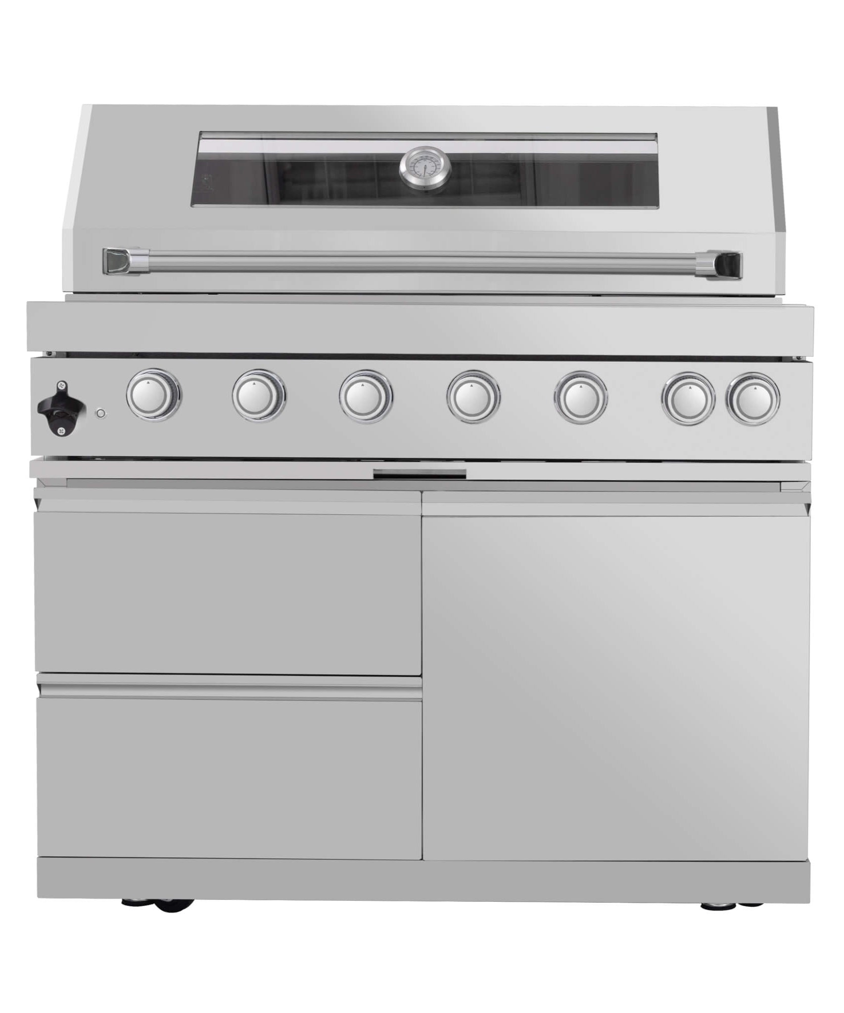 Castelle Flame Astoria 94-Inch 6-Burner 85K BTU Outdoor Kitchen Grill Island With Wine Cooler, Rotisserie, Cabinets, And Granite Countertops (SAK68014)