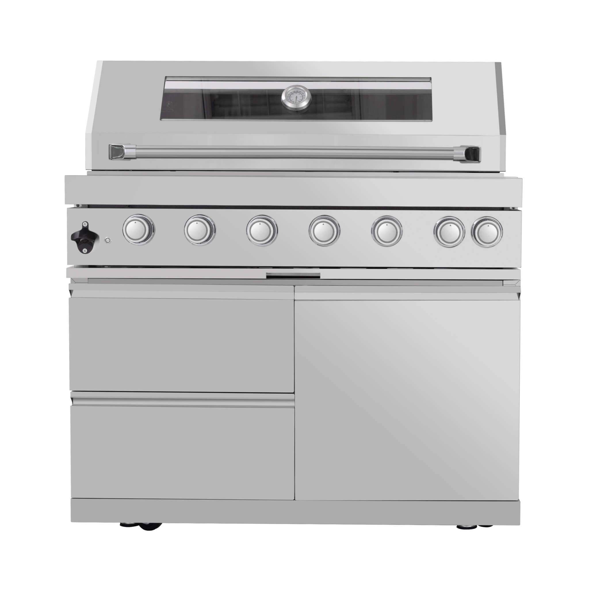 Castelle Flame Astoria 94-Inch 6-Burner 85K BTU Outdoor Kitchen Grill Island With Wine Cooler, Rotisserie, Cabinets, And Granite Countertops (SAK68014)