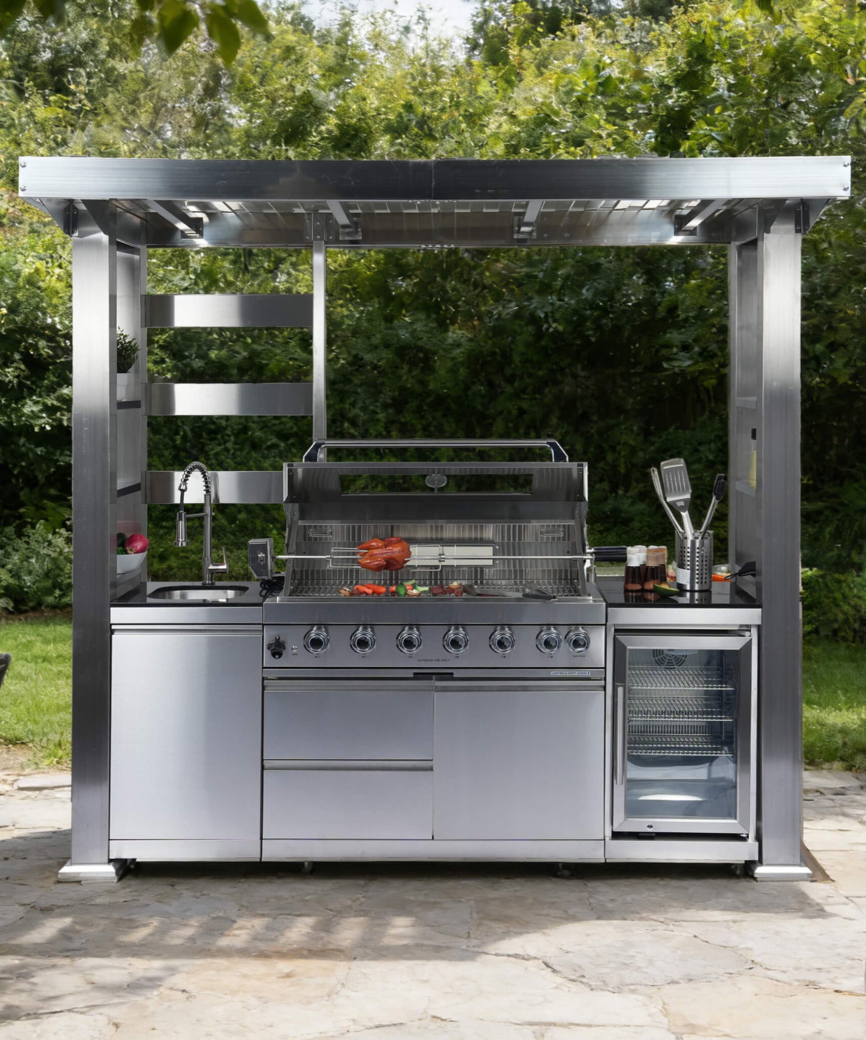 Castelle Flame Astoria 94-Inch 6-Burner 85K BTU Outdoor Kitchen Grill Island With Wine Cooler, Rotisserie, Cabinets, And Granite Countertops (SAK68014)
