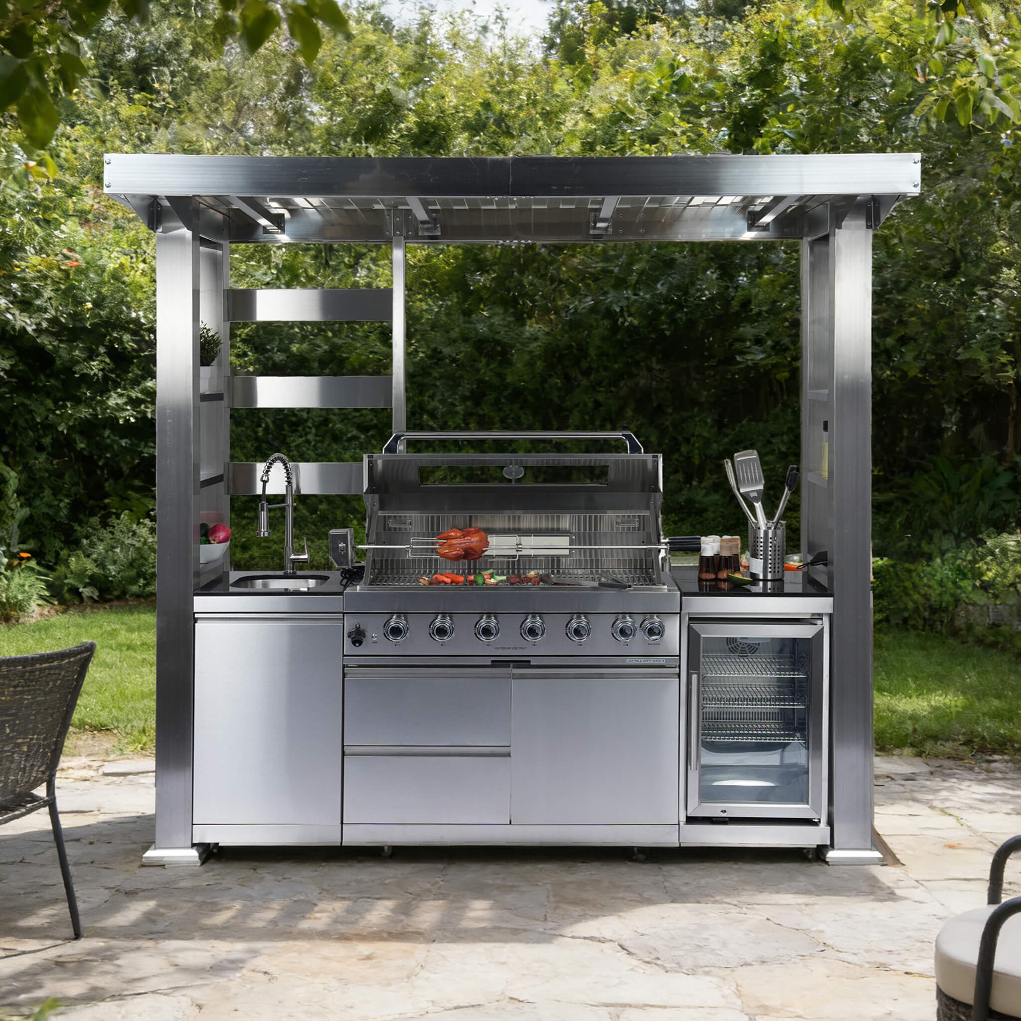 Castelle Flame Astoria 94-Inch 6-Burner 85K BTU Outdoor Kitchen Grill Island With Wine Cooler, Rotisserie, Cabinets, And Granite Countertops (SAK68014)