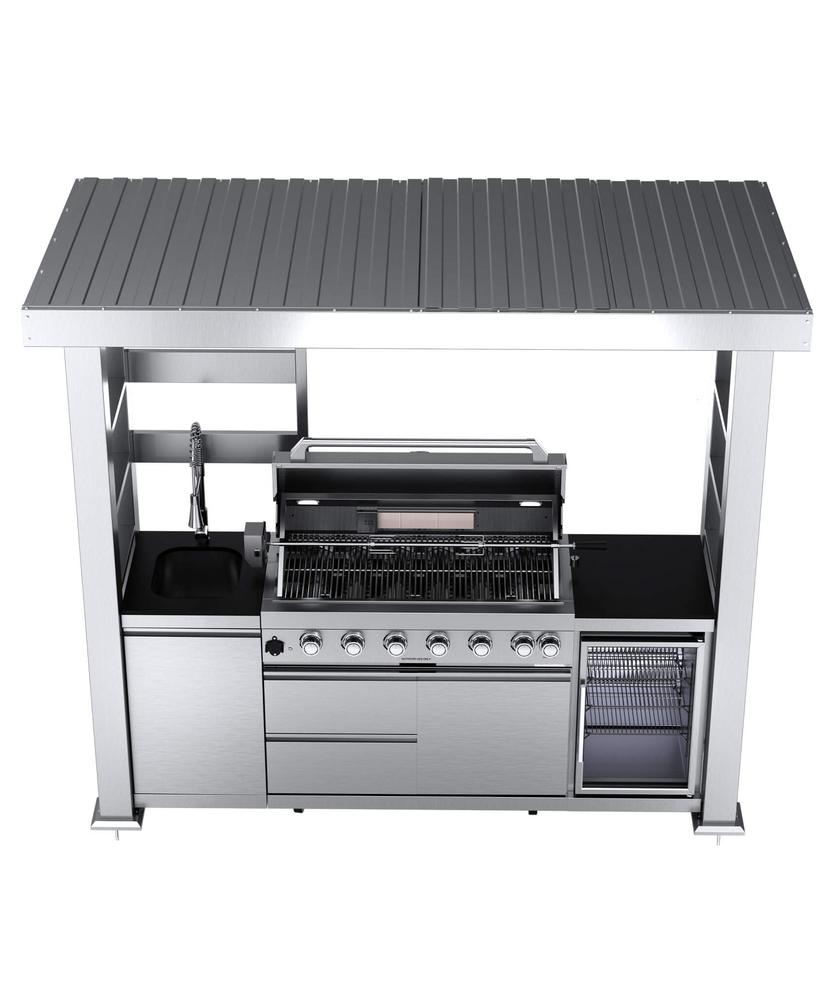 Castelle Flame Astoria 94-Inch 6-Burner 85K BTU Outdoor Kitchen Grill Island With Wine Cooler, Rotisserie, Cabinets, And Granite Countertops (SAK68014)