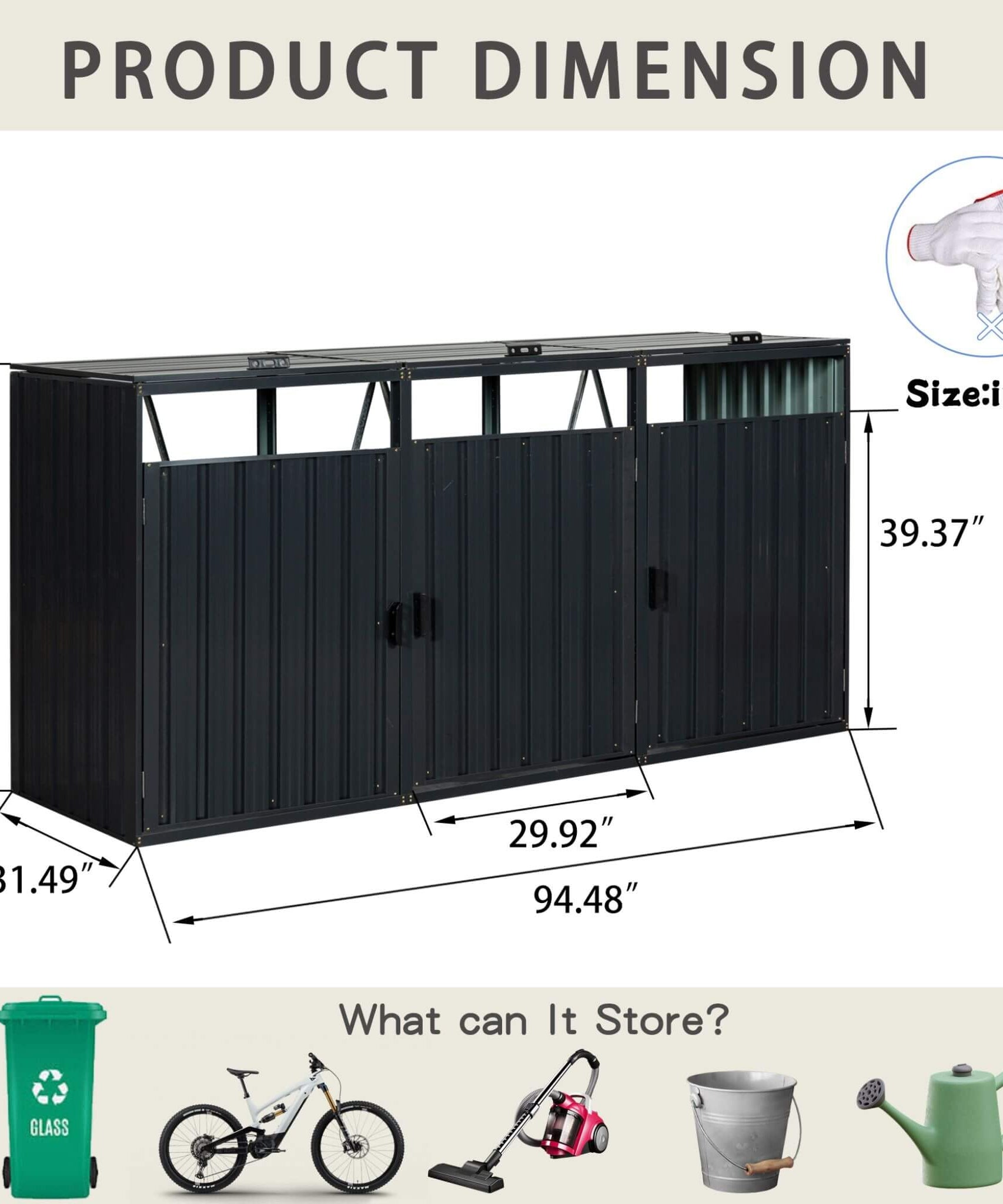 94-Inch Heavy-Duty Outdoor Galvanized Stainless Steel Garbage Bin Shed For 3 Trash Cans (SAK89882)