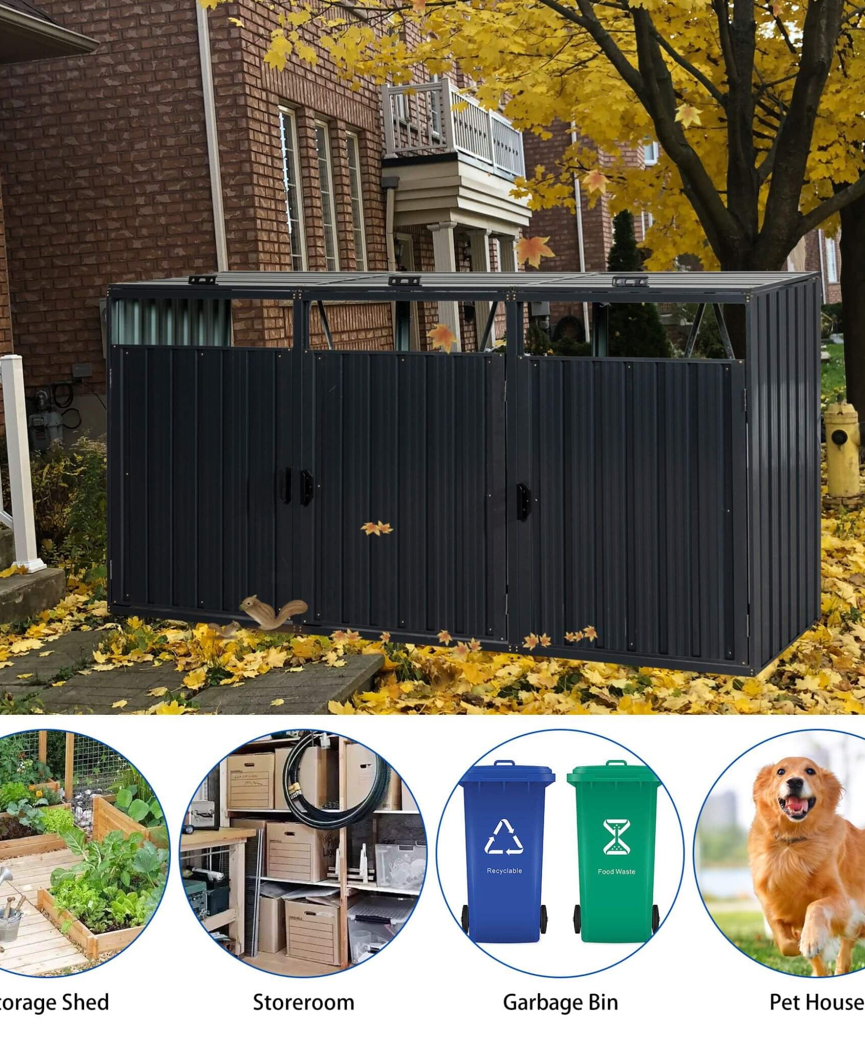 94-Inch Heavy-Duty Outdoor Galvanized Stainless Steel Garbage Bin Shed For 3 Trash Cans (SAK89882)