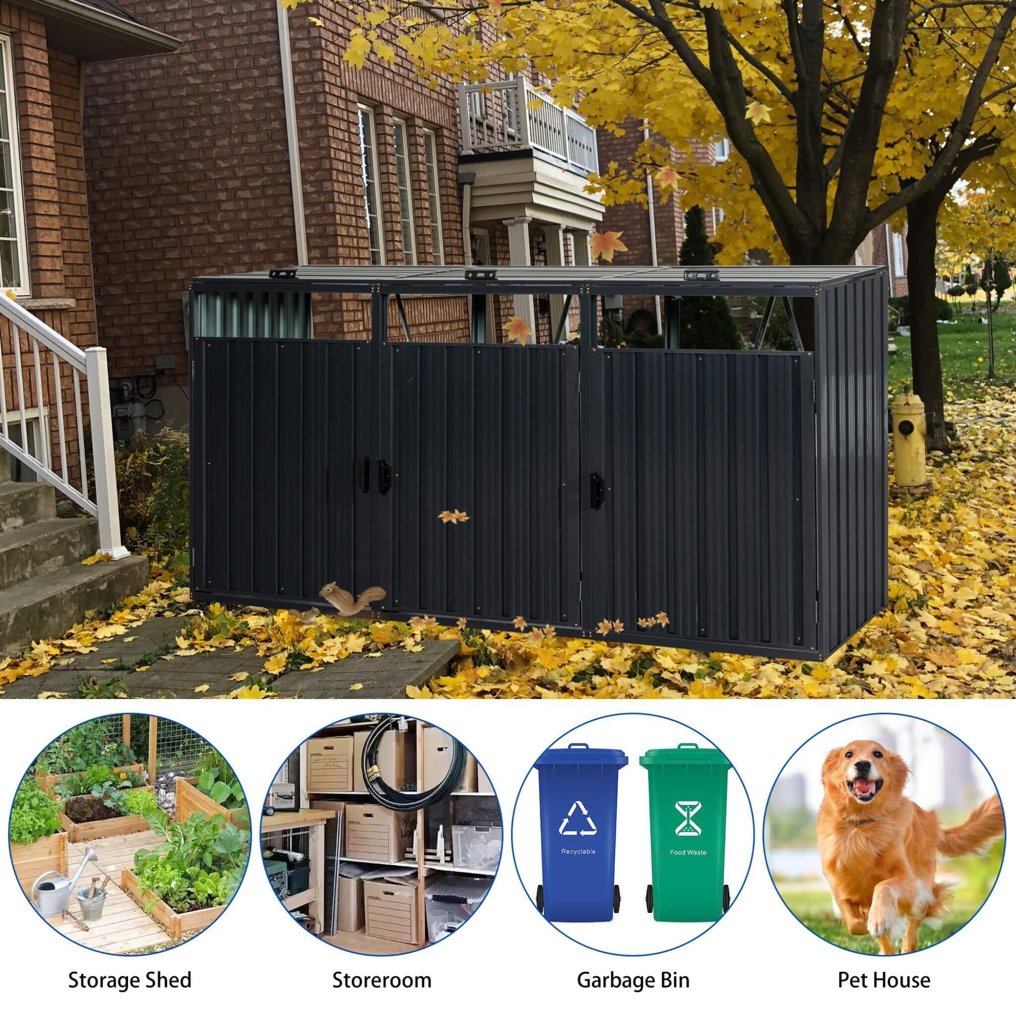 94-Inch Heavy-Duty Outdoor Galvanized Stainless Steel Garbage Bin Shed For 3 Trash Cans (SAK89882)