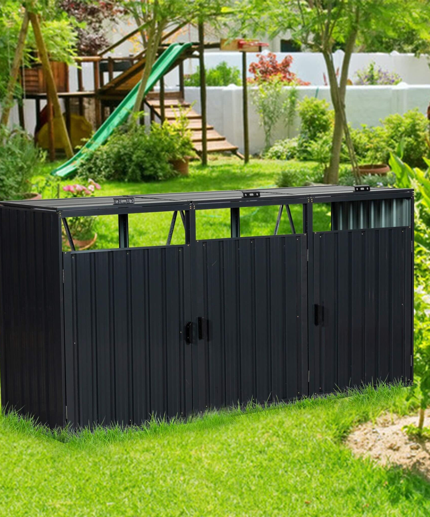 94-Inch Heavy-Duty Outdoor Galvanized Stainless Steel Garbage Bin Shed For 3 Trash Cans (SAK89882)