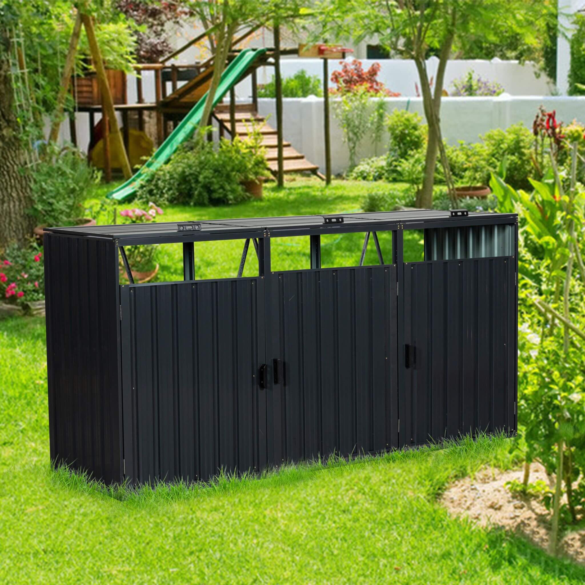 94-Inch Heavy-Duty Outdoor Galvanized Stainless Steel Garbage Bin Shed For 3 Trash Cans (SAK89882)