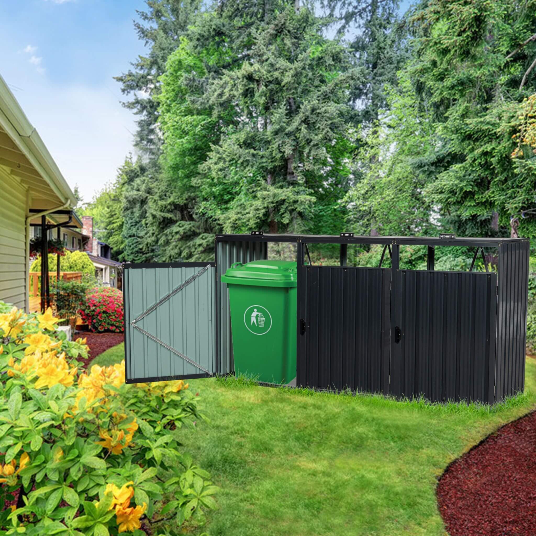 94-Inch Heavy-Duty Outdoor Galvanized Stainless Steel Garbage Bin Shed For 3 Trash Cans (SAK89882)