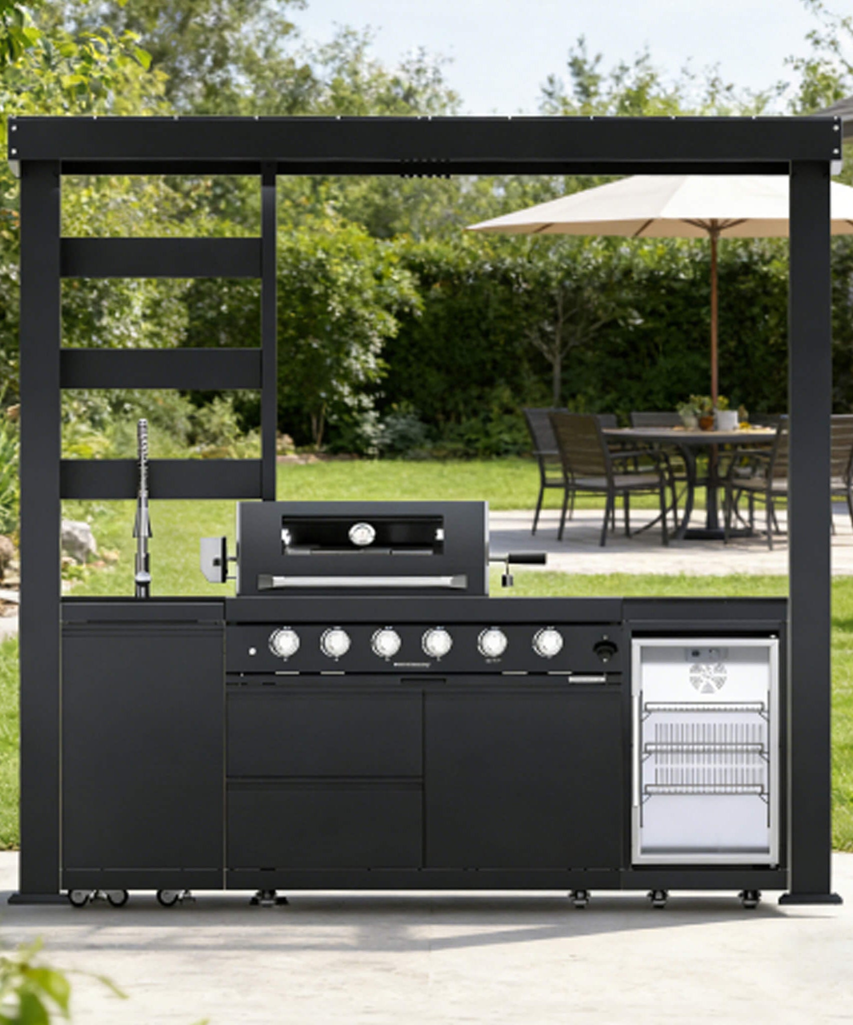 Castelle Flame Amalfi 97-Inch 4-Burner 72K BTU LP Outdoor Kitchen Grill Island With Wine Cooler, Rotisserie, Cabinets, And Granite Countertops (SAK70319)
