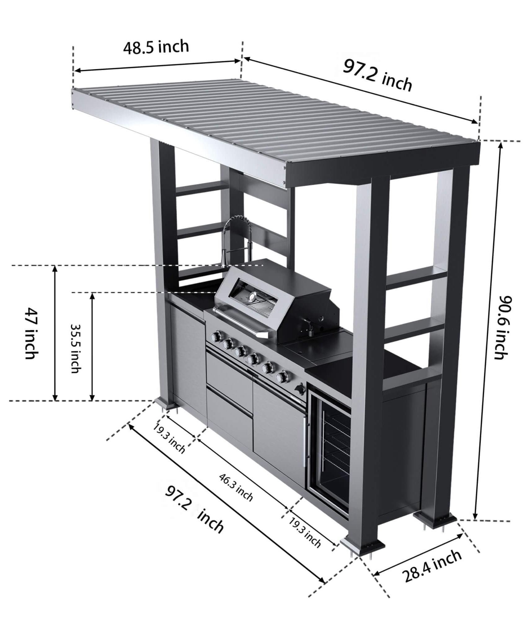 Castelle Flame Amalfi 97-Inch 4-Burner 72K BTU LP Outdoor Kitchen Grill Island With Wine Cooler, Rotisserie, Cabinets, And Granite Countertops (SAK70319)