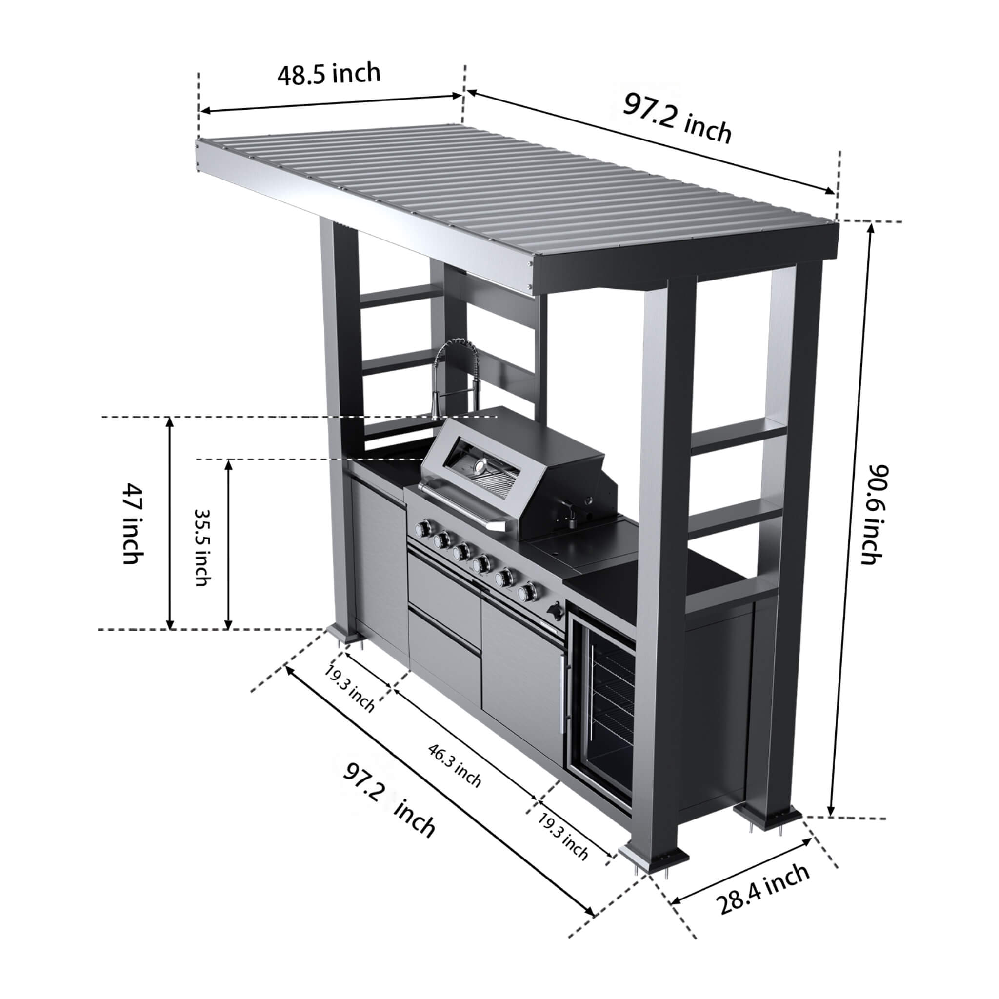 Castelle Flame Amalfi 97-Inch 4-Burner 72K BTU LP Outdoor Kitchen Grill Island With Wine Cooler, Rotisserie, Cabinets, And Granite Countertops (SAK70319)