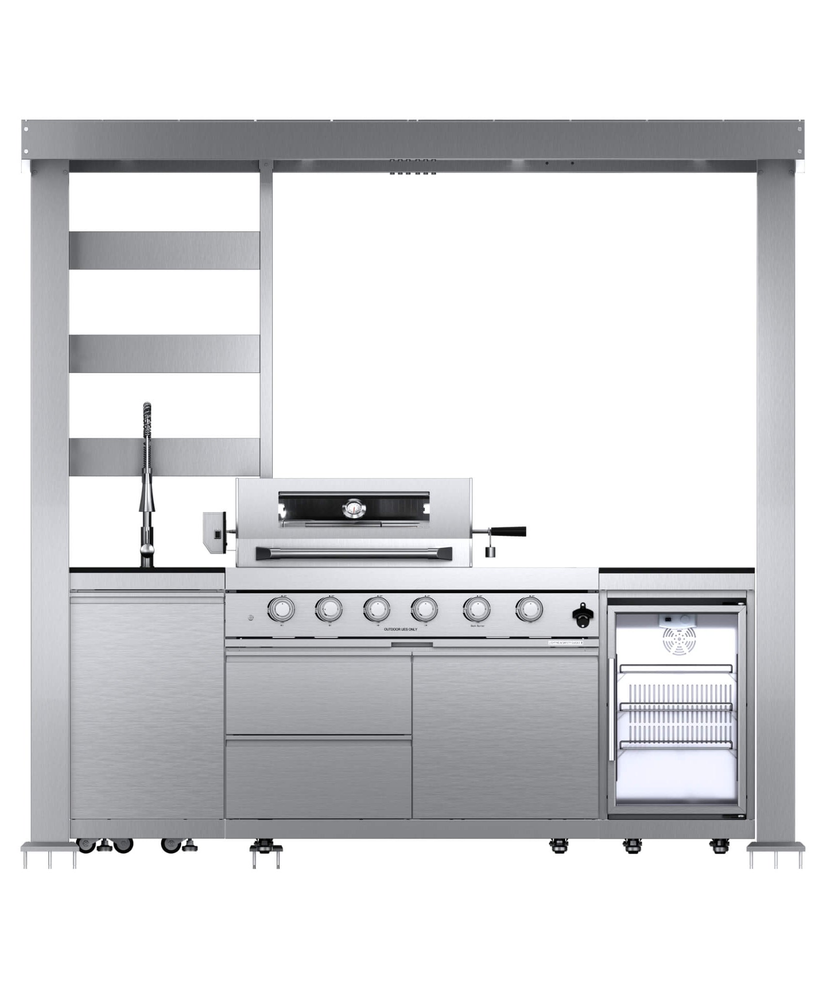 Castelle Flame Amalfi 97-Inch 4-Burner 72K BTU LP Outdoor Kitchen Grill Island With Wine Cooler, Rotisserie, Cabinets, And Granite Countertops (SAK70319)