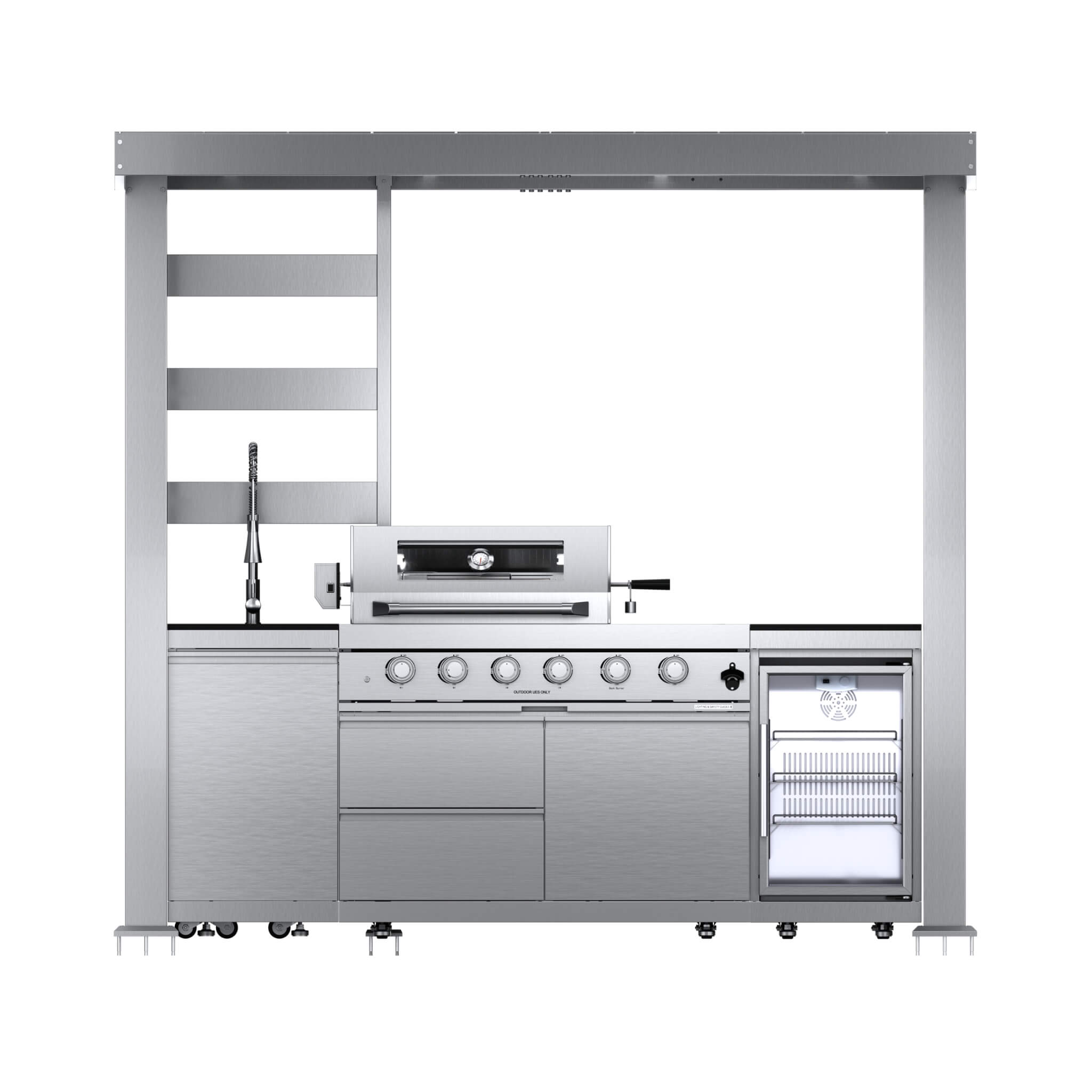 Castelle Flame Amalfi 97-Inch 4-Burner 72K BTU LP Outdoor Kitchen Grill Island With Wine Cooler, Rotisserie, Cabinets, And Granite Countertops (SAK70319)