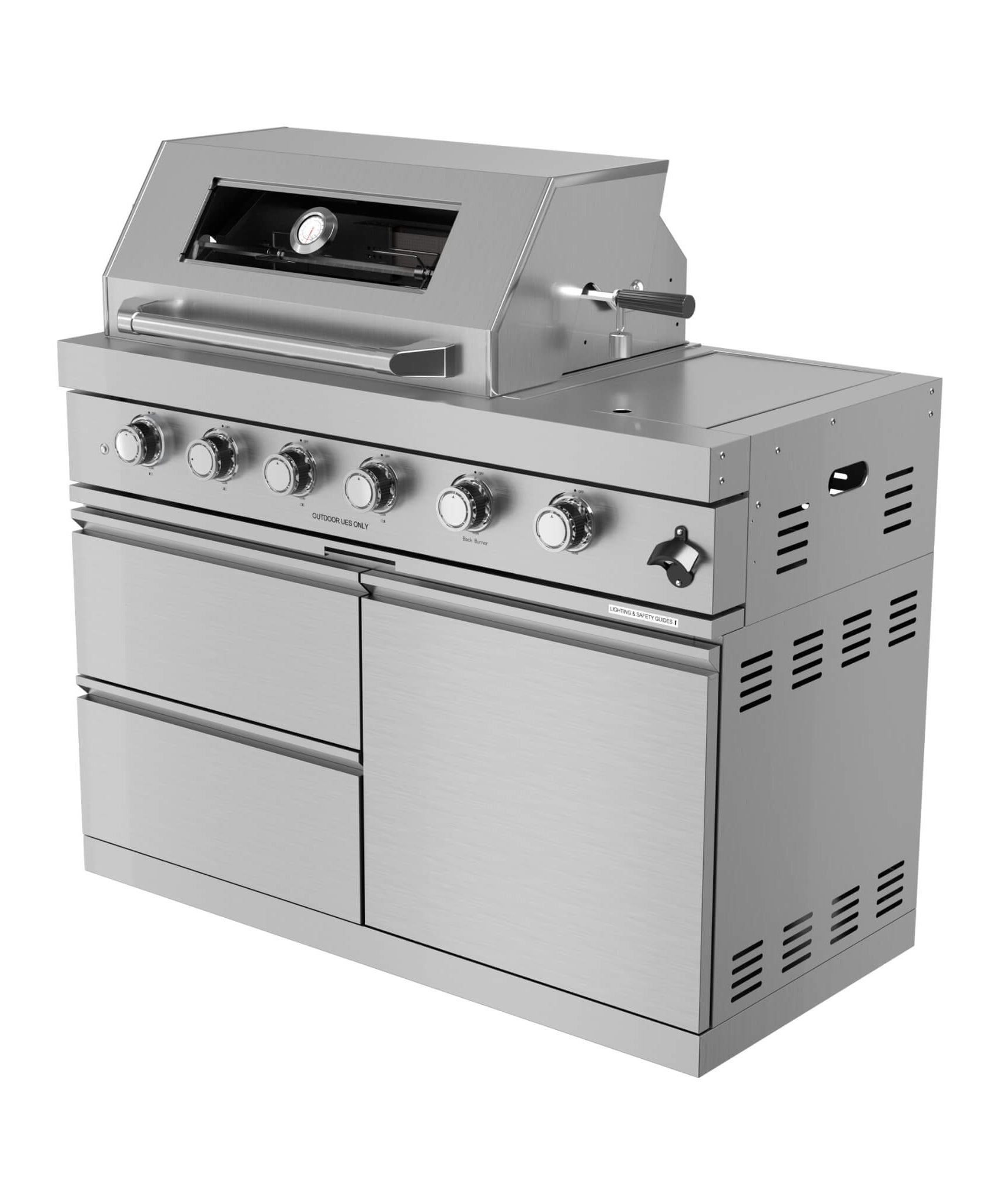 Castelle Flame Amalfi 97-Inch 4-Burner 72K BTU LP Outdoor Kitchen Grill Island With Wine Cooler, Rotisserie, Cabinets, And Granite Countertops (SAK70319)