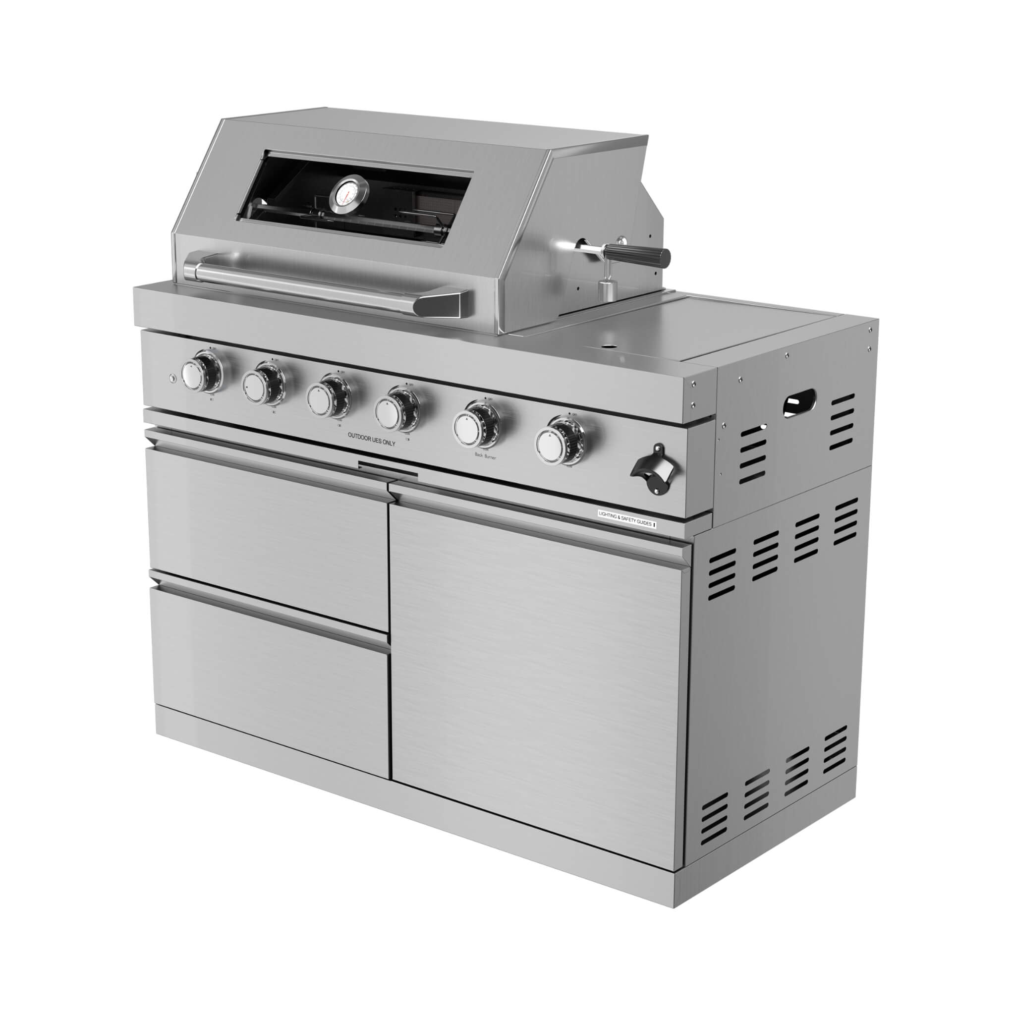 Castelle Flame Amalfi 97-Inch 4-Burner 72K BTU LP Outdoor Kitchen Grill Island With Wine Cooler, Rotisserie, Cabinets, And Granite Countertops (SAK70319)