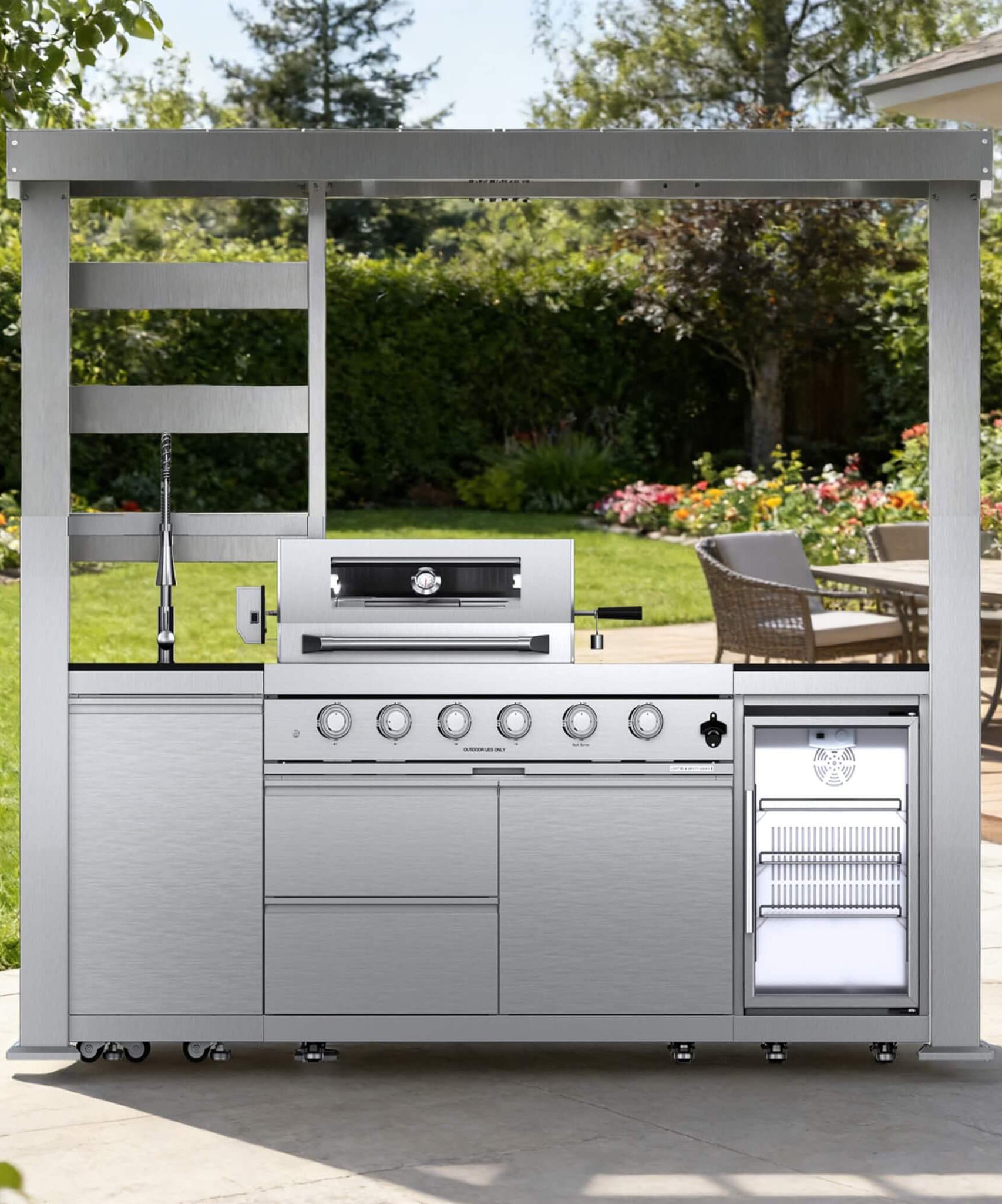 Castelle Flame Amalfi 97-Inch 4-Burner 72K BTU LP Outdoor Kitchen Grill Island With Wine Cooler, Rotisserie, Cabinets, And Granite Countertops (SAK70319)