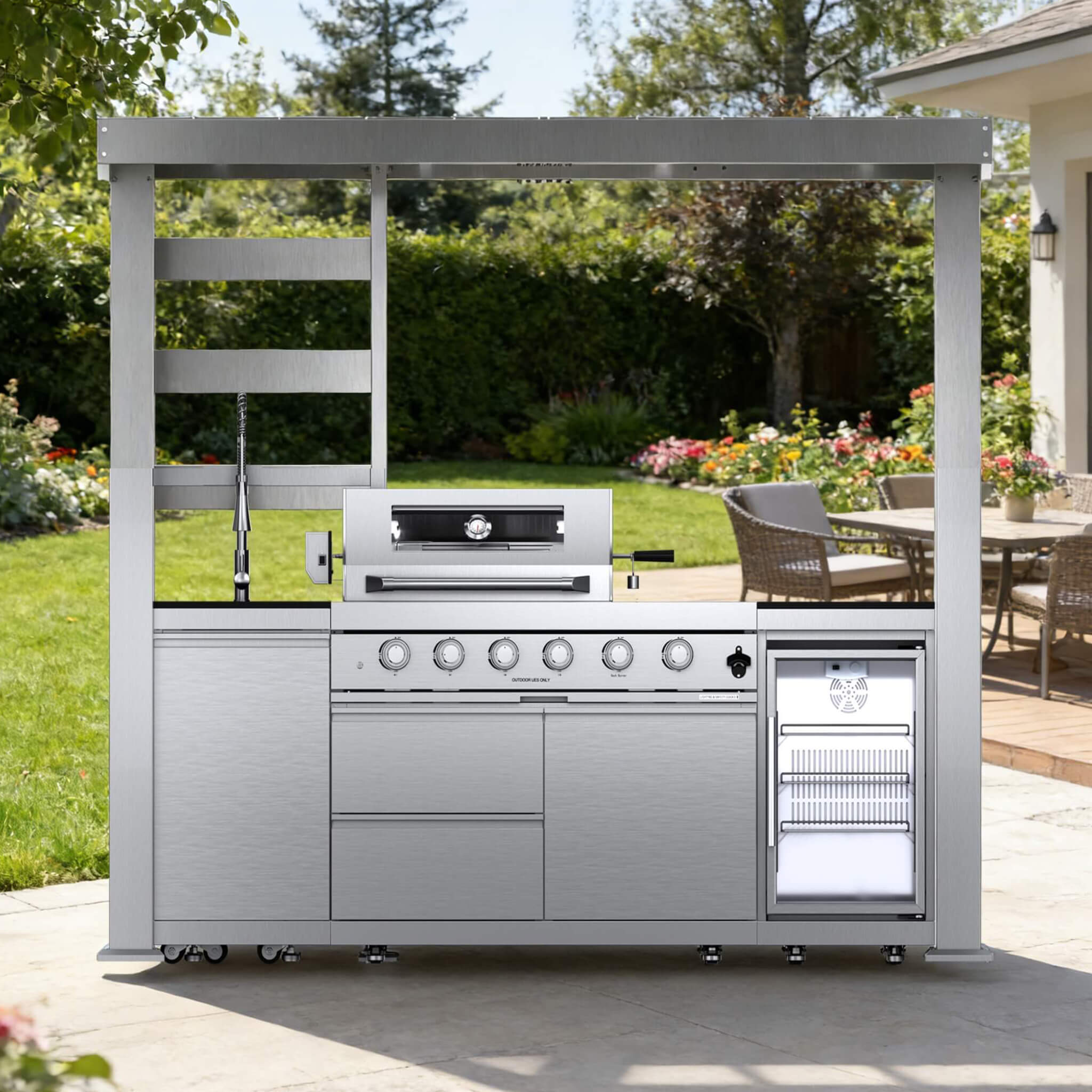 Castelle Flame Amalfi 97-Inch 4-Burner 72K BTU LP Outdoor Kitchen Grill Island With Wine Cooler, Rotisserie, Cabinets, And Granite Countertops (SAK70319)