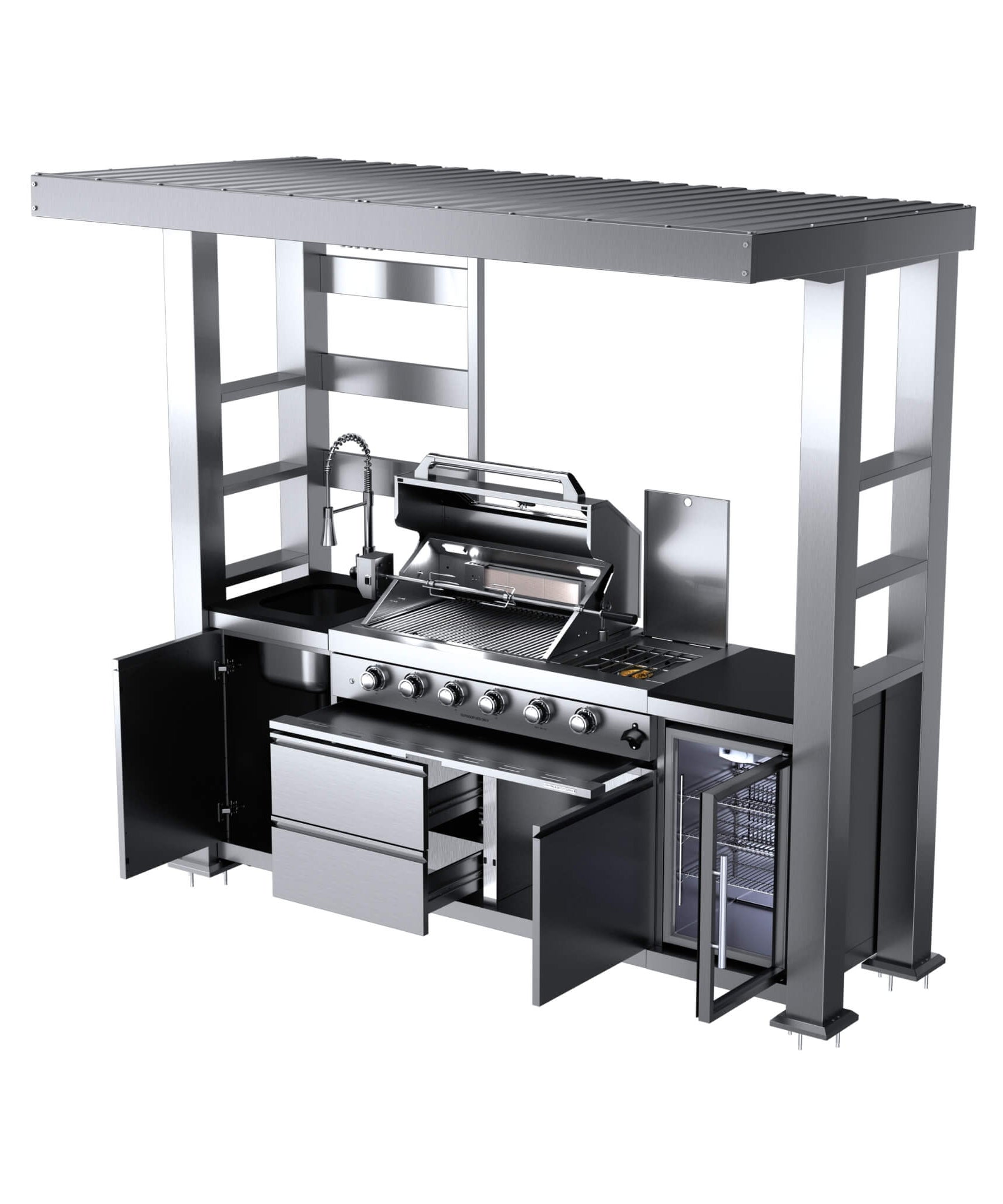 Castelle Flame Amalfi 97-Inch 4-Burner 72K BTU LP Outdoor Kitchen Grill Island With Wine Cooler, Rotisserie, Cabinets, And Granite Countertops (SAK70319)