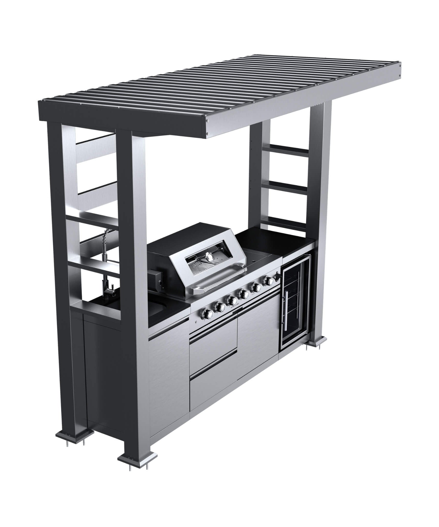 Castelle Flame Amalfi 97-Inch 4-Burner 72K BTU LP Outdoor Kitchen Grill Island With Wine Cooler, Rotisserie, Cabinets, And Granite Countertops (SAK70319)