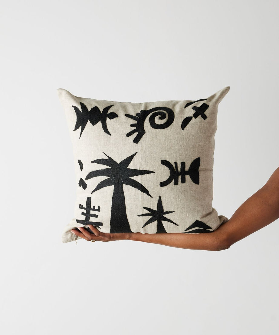 Keiskamma Black Linen & Silk Embroidered Throw Pillow