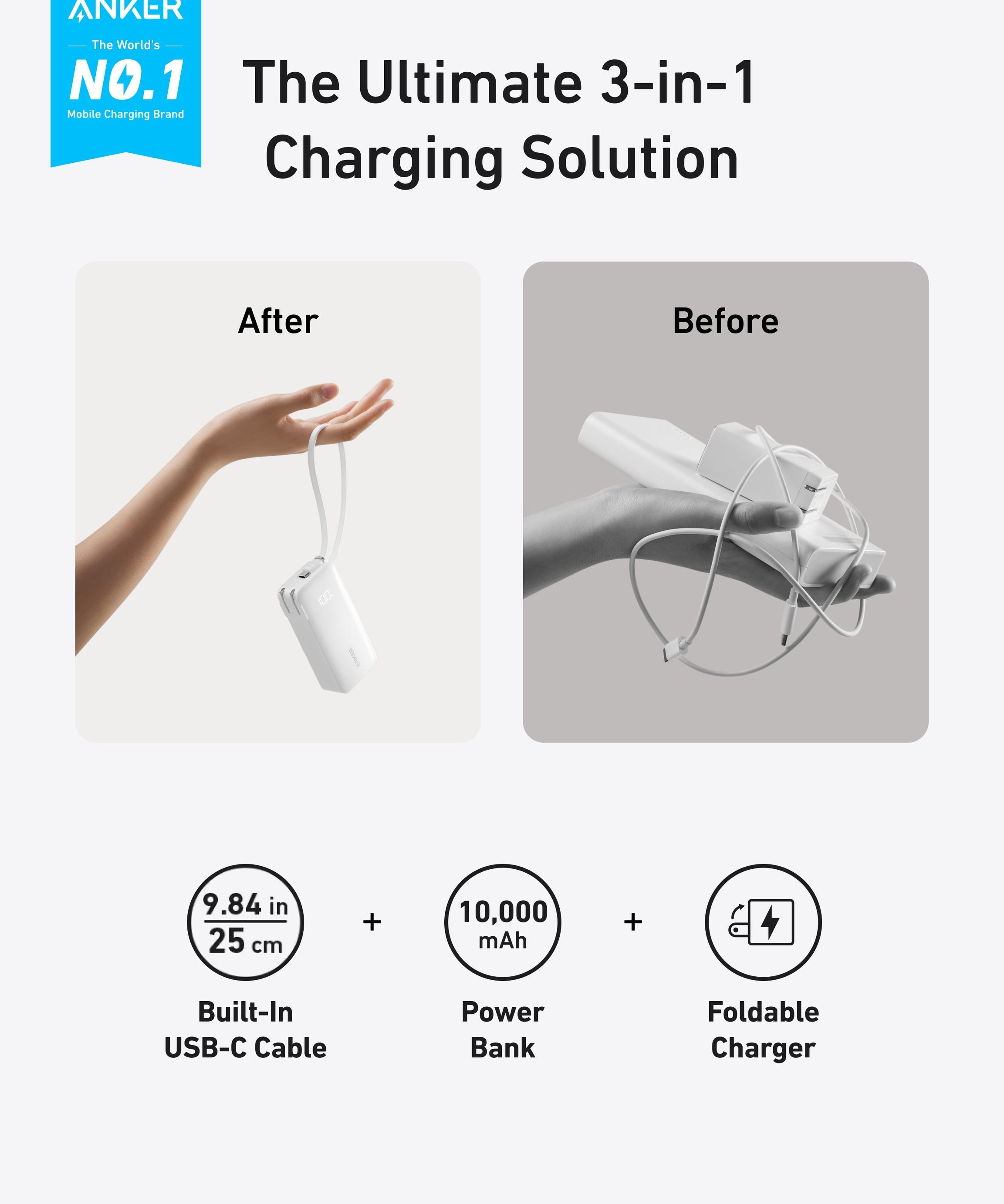 Anker Power Bank (10K, Fusion, Built-In Cable)