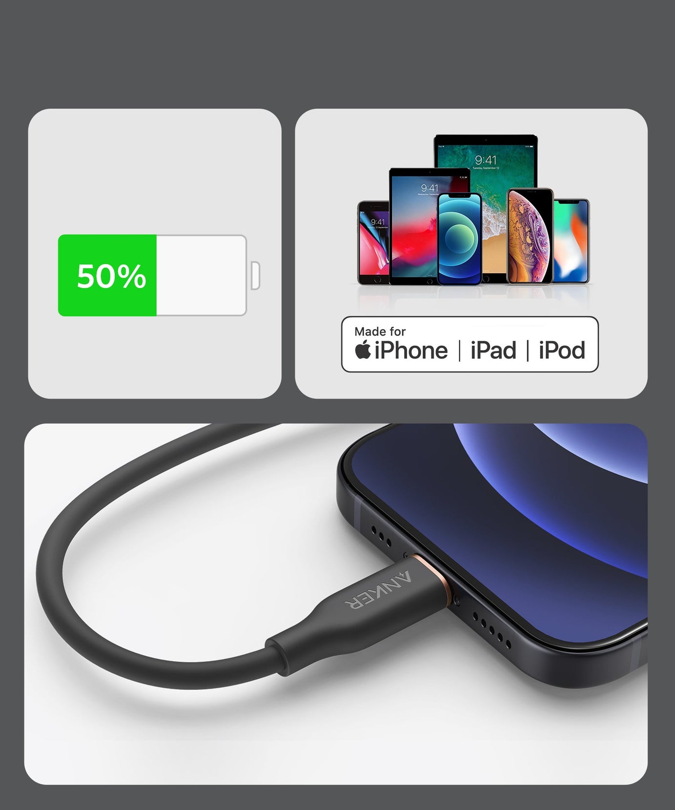 Anker <b>641</b> USB-C to Lightning Cable (Flow, 3 ft Silicone)