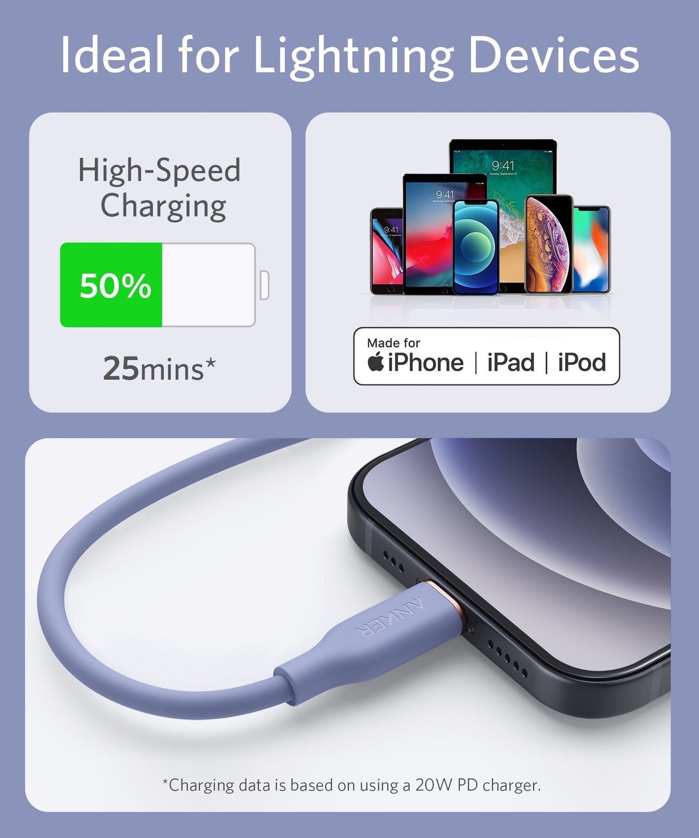 Anker <b>641</b> USB-C to Lightning Cable (Flow, 3 ft Silicone)